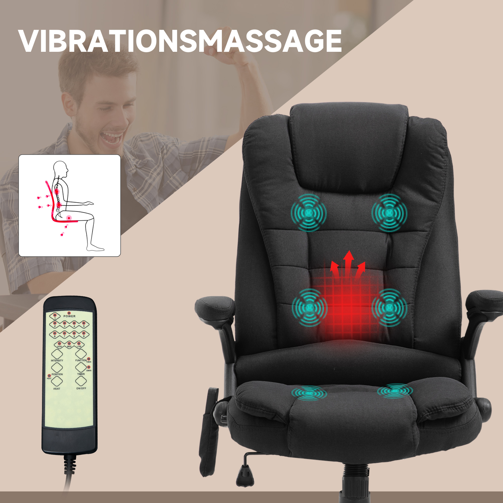 Bürostuhl mit Vibrationsmassage, Ergonomisch Schreibtischstuhl mit Heiz-, Liegefunktion, Höhenverstellbar Chefsessel mit Fernbedienung, Seitentasche, Leinenoptik, Schwarz