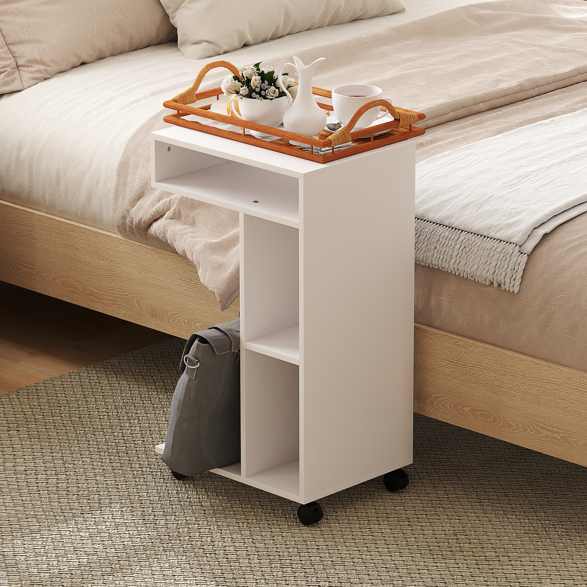 Beistelltisch, C-förmiger Servierwagen, 4 Rollen, 3 Fächer, 40 x 30 x 69 cm, Weiß