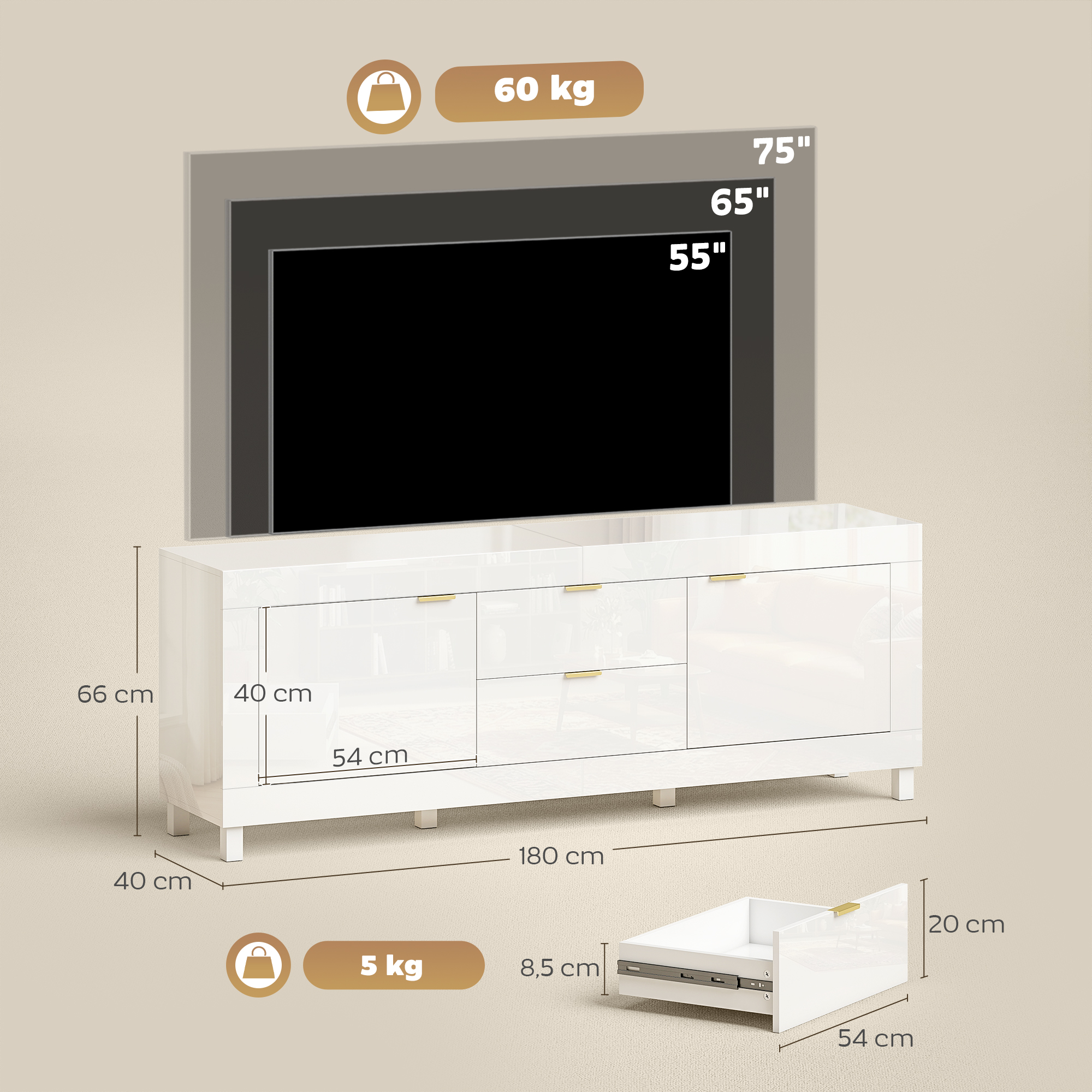 TV-Schrank für Fernseher bis zu 75 Zoll, modernes Entertainment-Center mit 2 Schränken und 2 Schubladen, Hochglanz Weiß