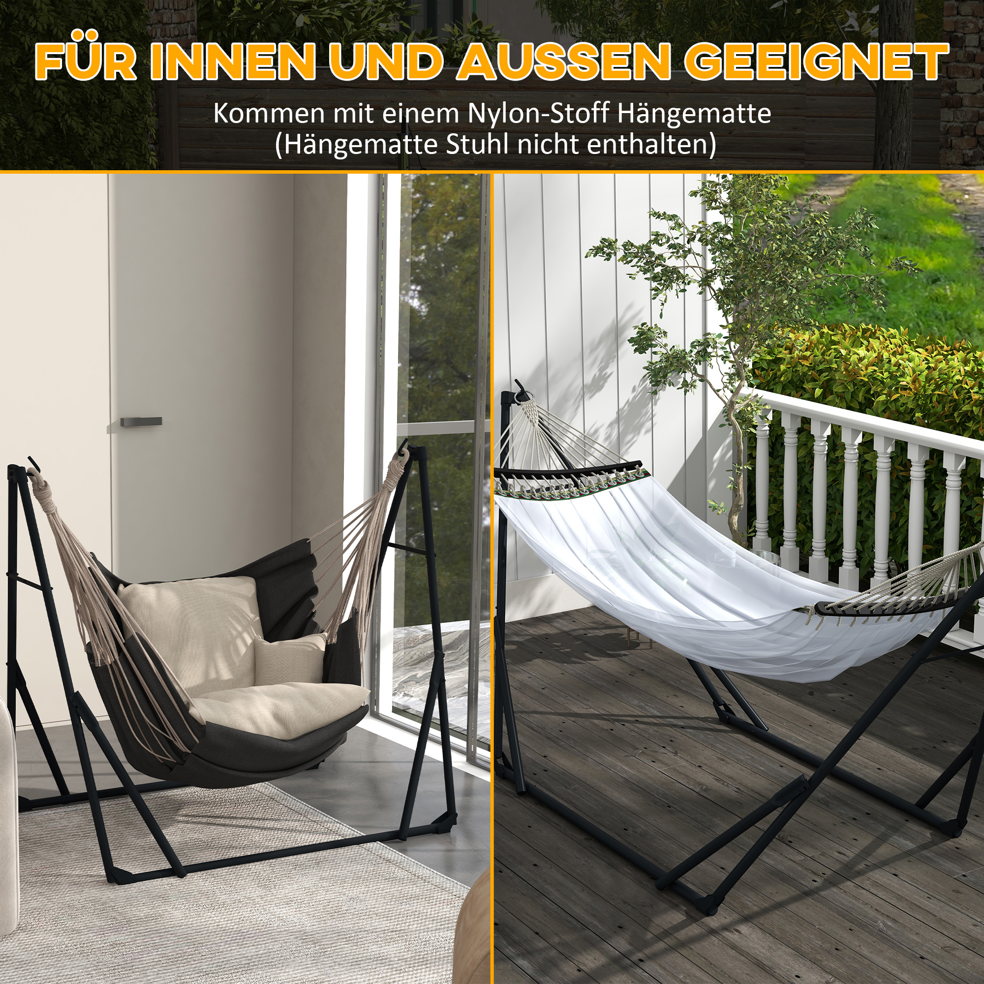 Hängemattengestell inkl. Hängematte Gestell für Hängematte, 263 cm x 89 cm x 100 cm, Schwarz + Weiß