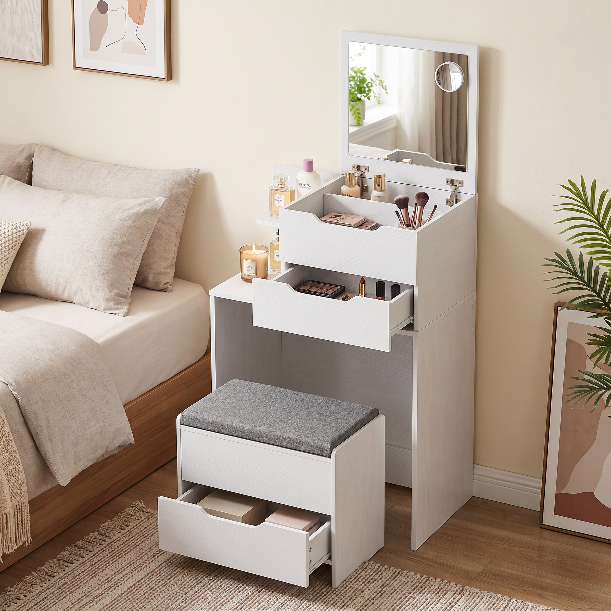Schminktisch mit Spiegel und Hocker mit Klappspiegel, Kosmetiktisch mit Schubladen, Weiß