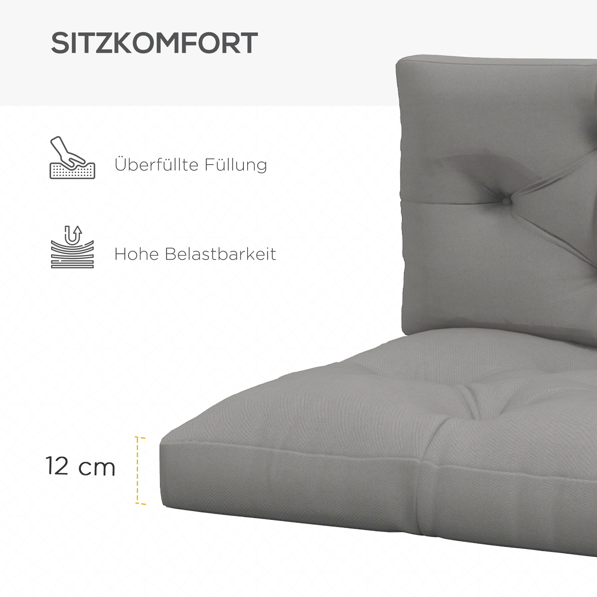 Sitzpolster Sitzkissen Polsterauflage, mit Knopfheftung, 120 x 80 x 12 cm, Grau