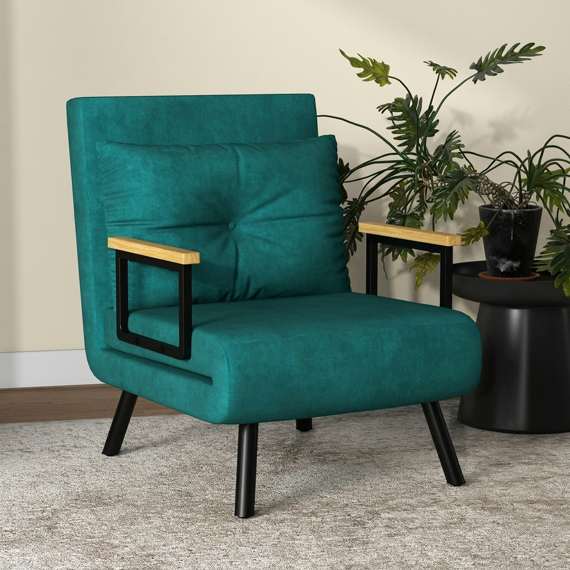 Relaxsessel im Skandidesign, Liegesessel, Lesesessel. ink. Kissen mit Knopfhefung, Schwarz + Natur