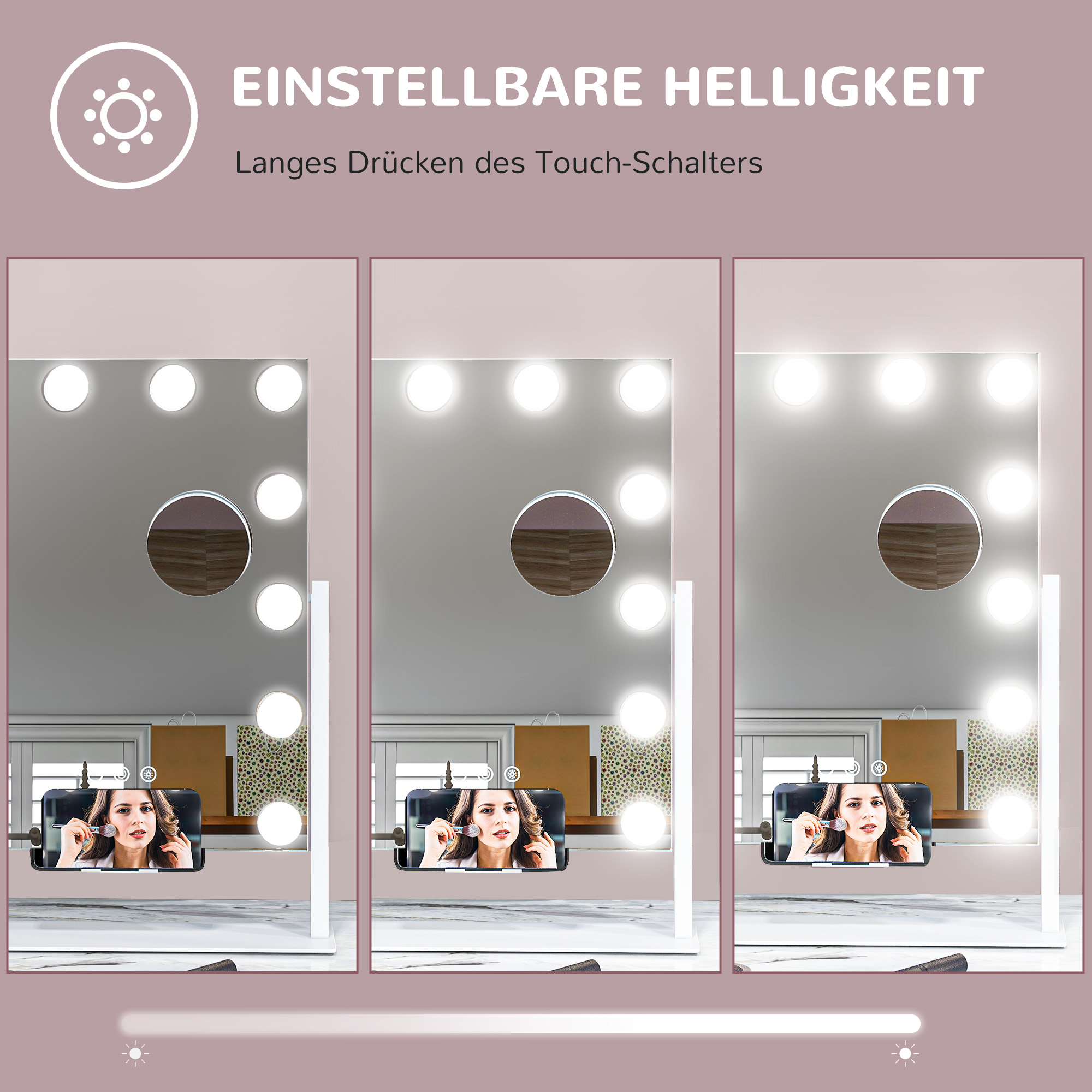 LED Kosmetikspiegel, 3 Lichtmodi, dimmbar, Touchsteuerung, USB, 37x46 cm, Weiß