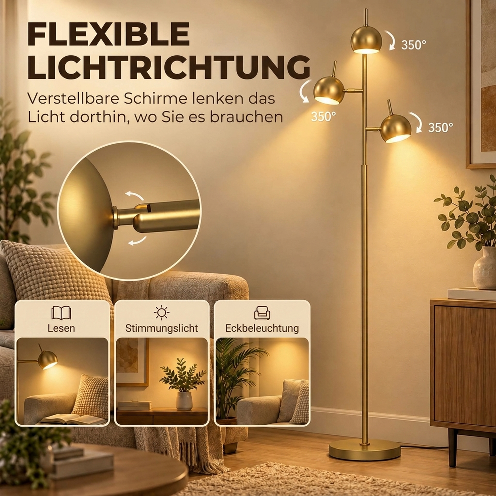 Stehlampe 350° verstellbar für Wohnzimmer und Büro Stehleuchte mit 3 Schirmen aus Stahl Gold