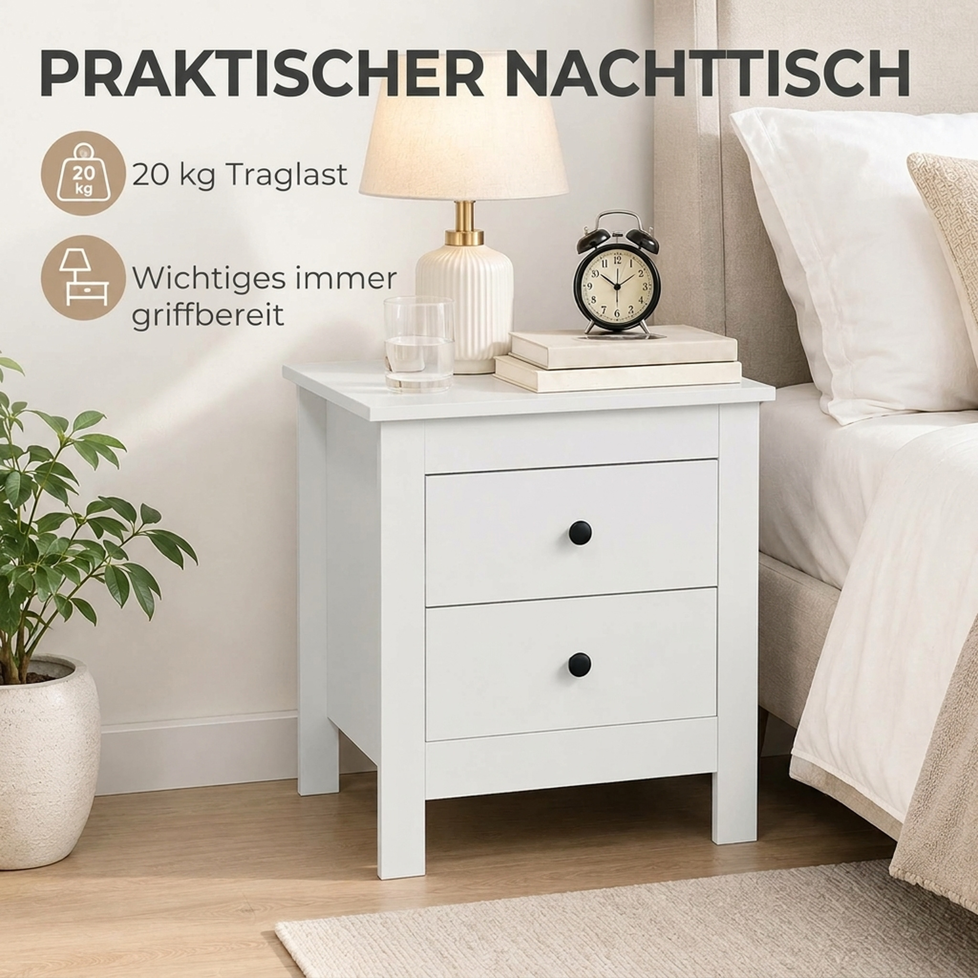 moderner Nachttisch mit 2 Schubladen, Beistelltisch mit Fußpads fürs Schlafzimmer, Weiß