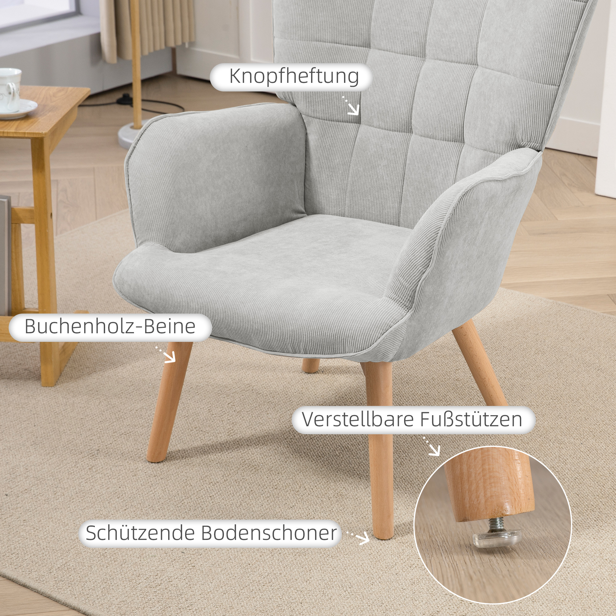 Akzentsessel mit Hocker, Relaxsessel in Cord-Optik, Armlehnstuhl mit Holzbeinen, für Wohnzimmer, Grau