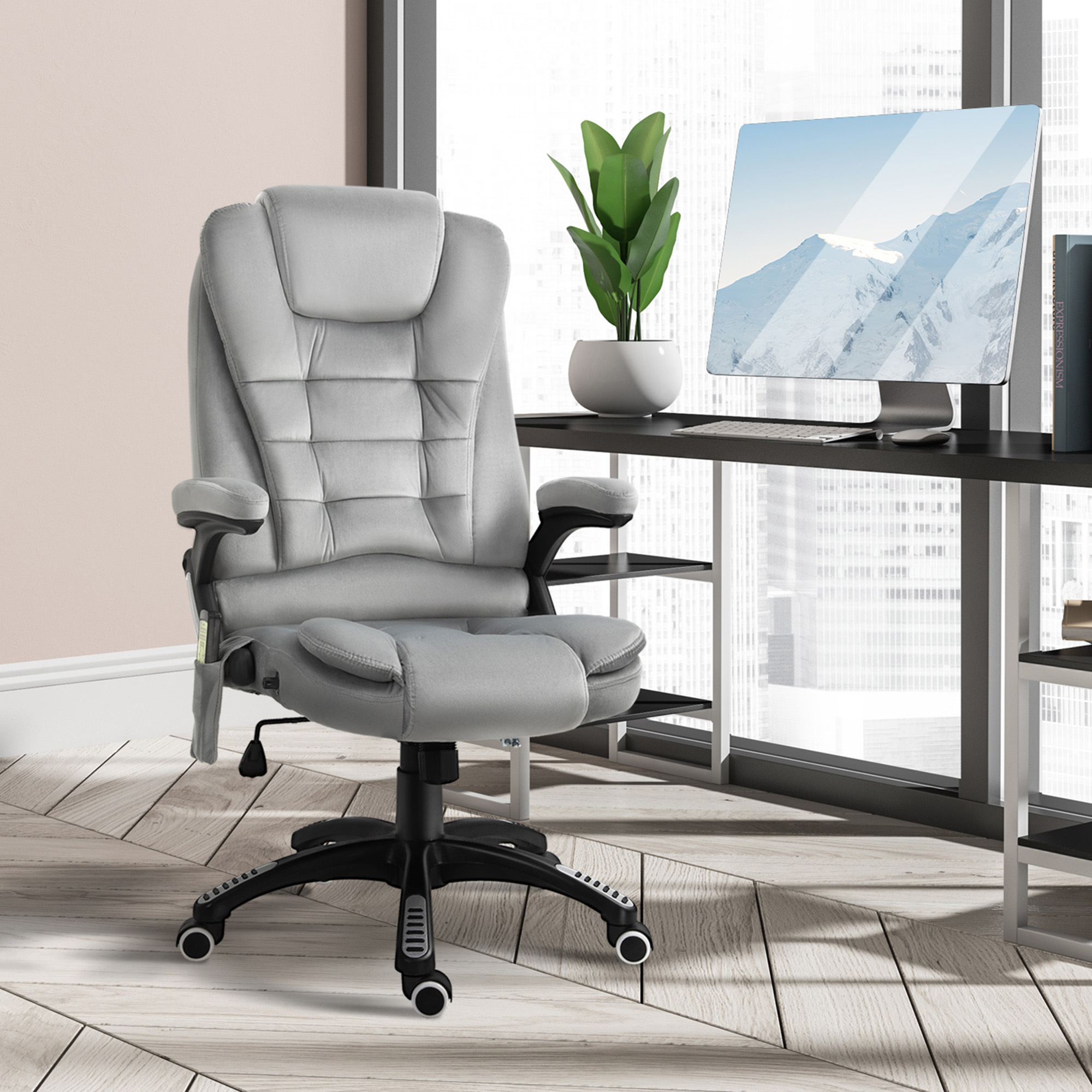 Bürostuhl mit Massagefunktion Ergonomischer Chefsessel mit Heizfunktion, Liegefunktion, Wippfunktion Höhenverstellbar 360° Drehbar Computerstuhl mit Seitentasche, Samtoptik, Grau