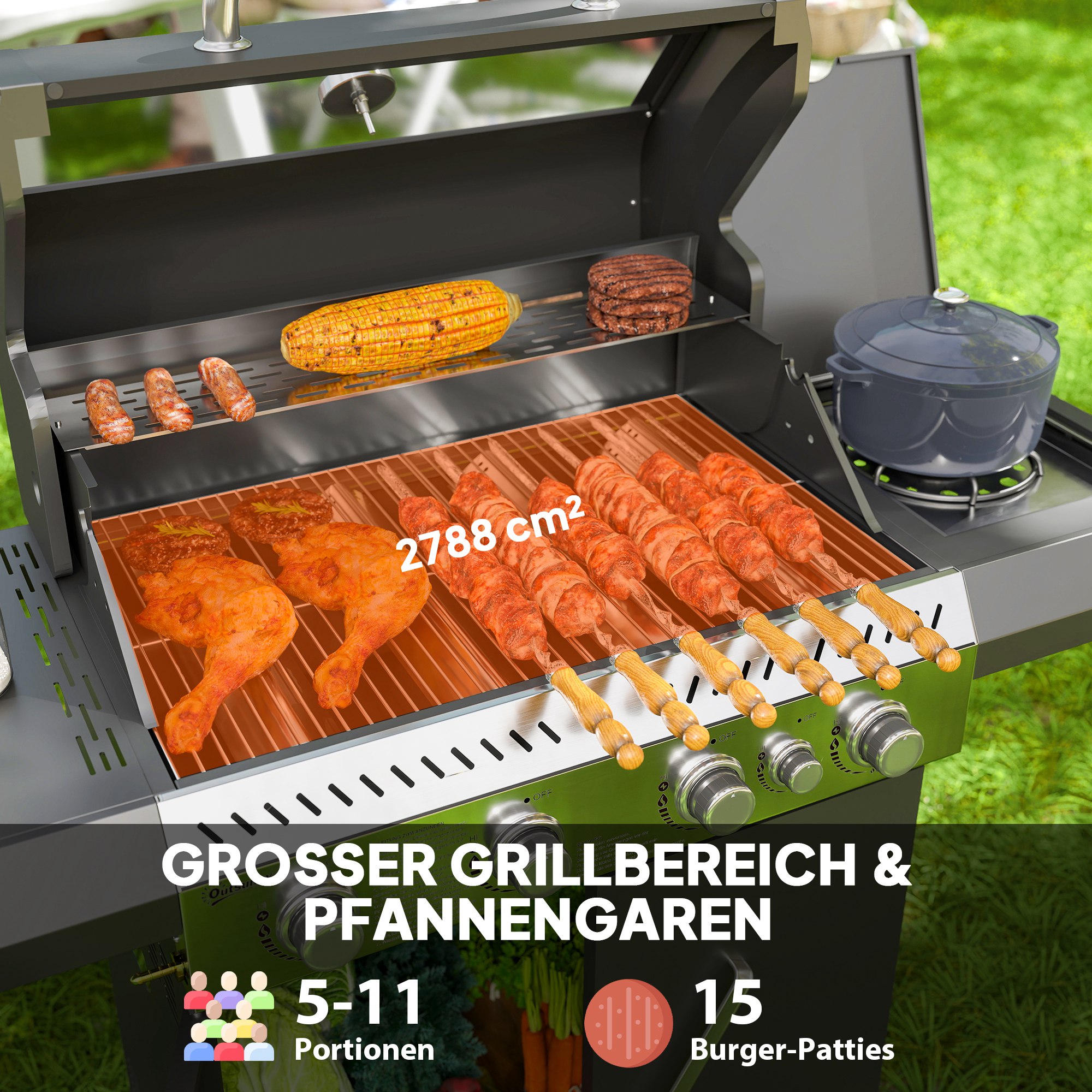 Gasgrill 12 KW Grillwagen inkl 5 Brenner Seitenkocher Rolle Deckel Thermometer Seitenablagen 135 x 54 x 110 cm
