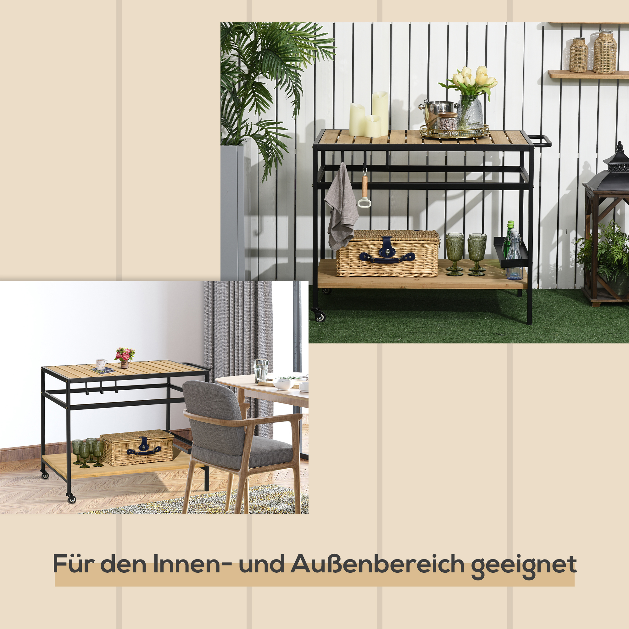 Servierwagen im Industrie-Design, wetterbeständig, 3 Haken, 1 Regal,107 cm x 65 cm x 80 cm, Schwarz +Natur