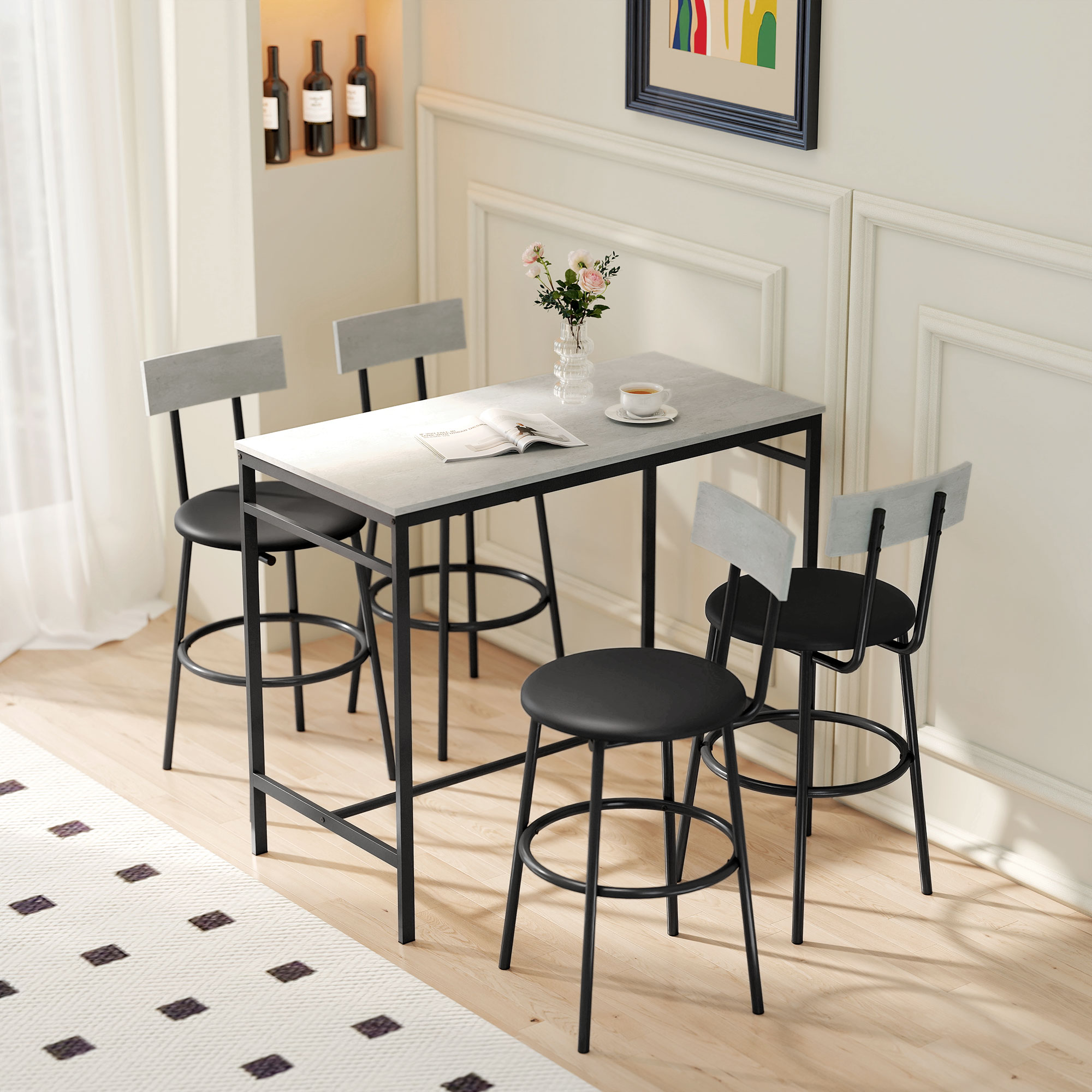 5-teiliges Bartisch-Set mit 4 Stühlen, Industrielles Design, für Küche, Esszimmer, Stahl, Hellgrau