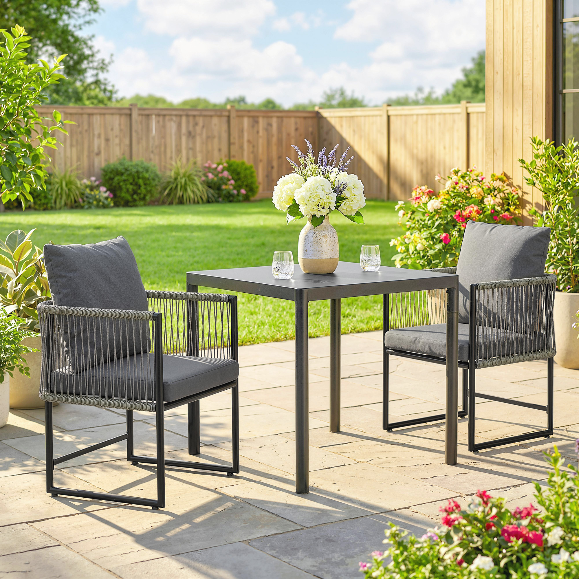 Gartenstuhl 2er Set wetterfest Gartenstühle aus Stahl PE-Rattan mit Kissen Armlehne Rückenlehne 52x52x66 cm Dunkelgrau