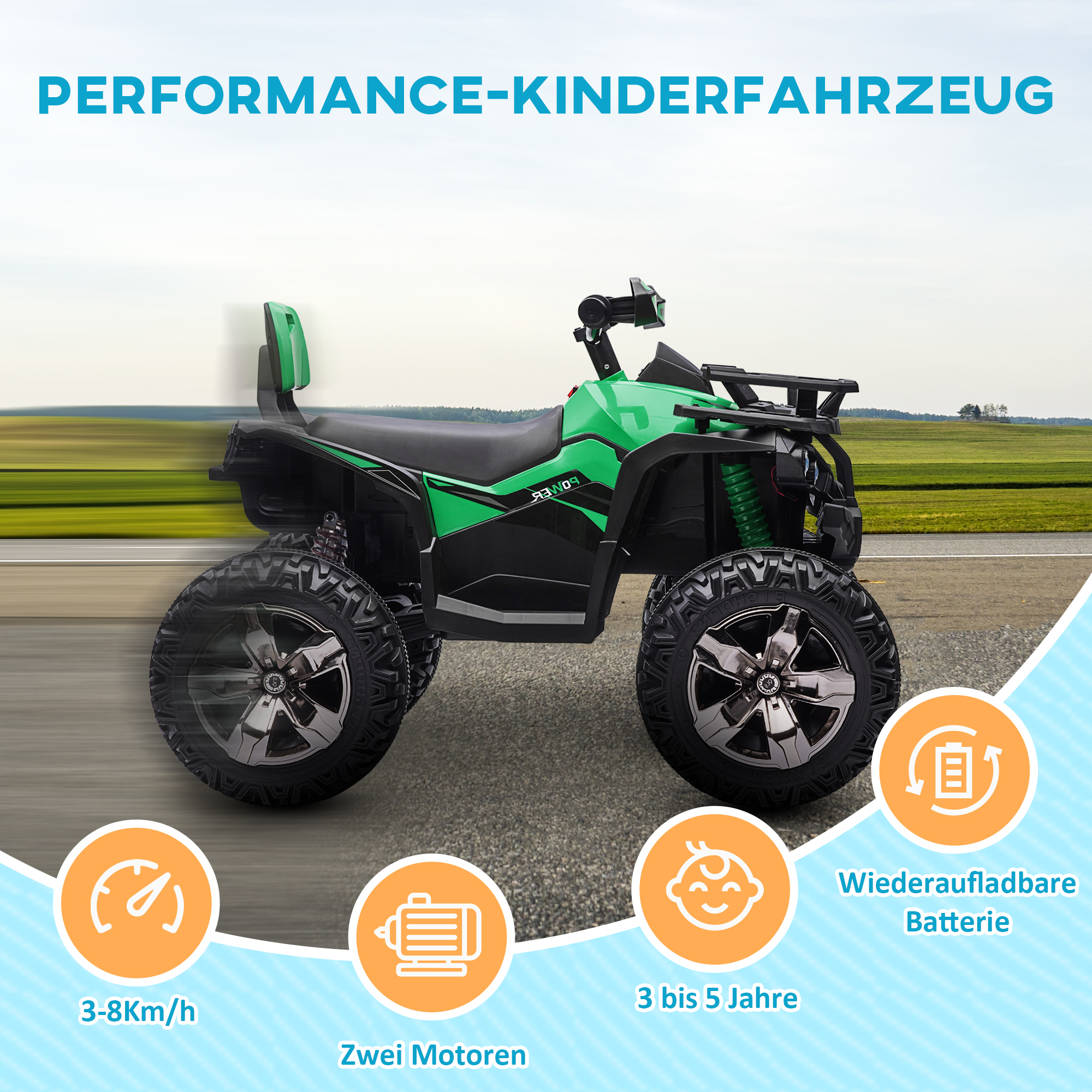 Kinderquad, Licht & Musikanschluss, 3-8 km/h, für 3-5 Jahre, Grün