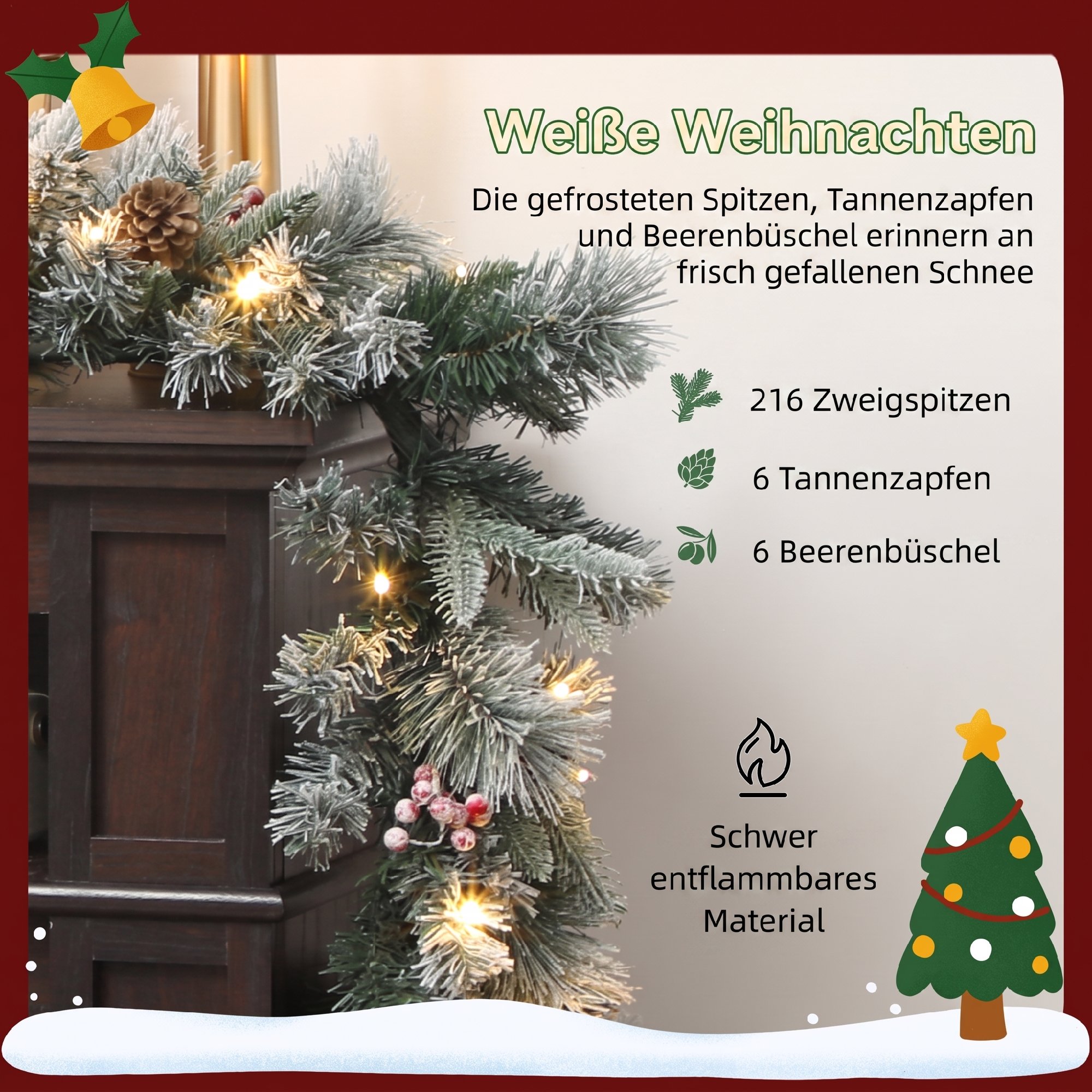 Weihnachtsgirlande mit 216 Schneebestäubten Zweigen, 50 LED-Lichtern, Ø25x180 cm, Grün & Weiß