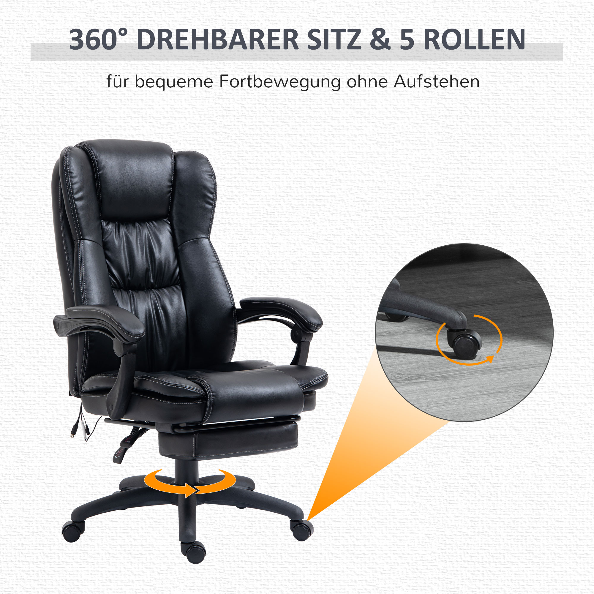 Drehstuhl mit Fußstütze, Kopfstütze, Massagefunktion, Kunstleder, 68,5x68,5x113-121cm, Schwarz