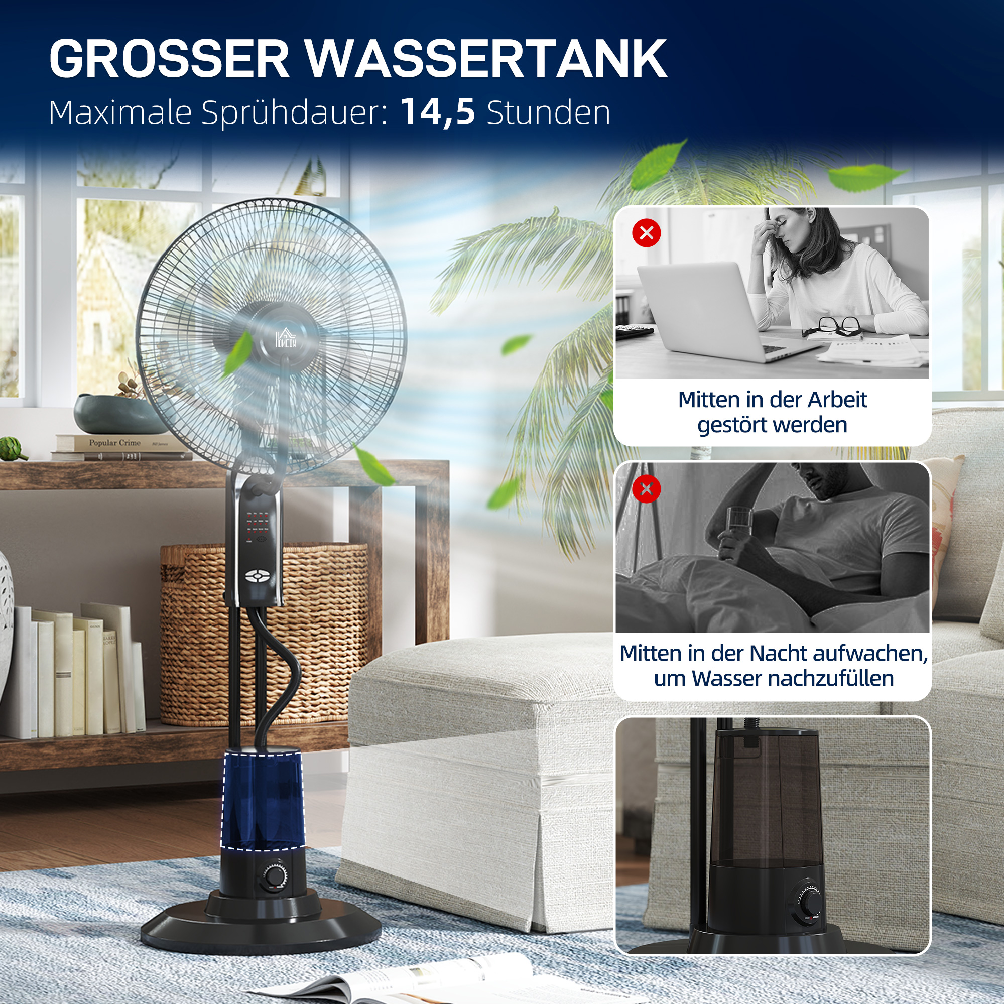 Ventilator mit Wasserkühlung, Luftbefeuchter, 10° Neigbar 70° Oszillierend 3 Geschwindigkeitsstufen 75W, Schwarz