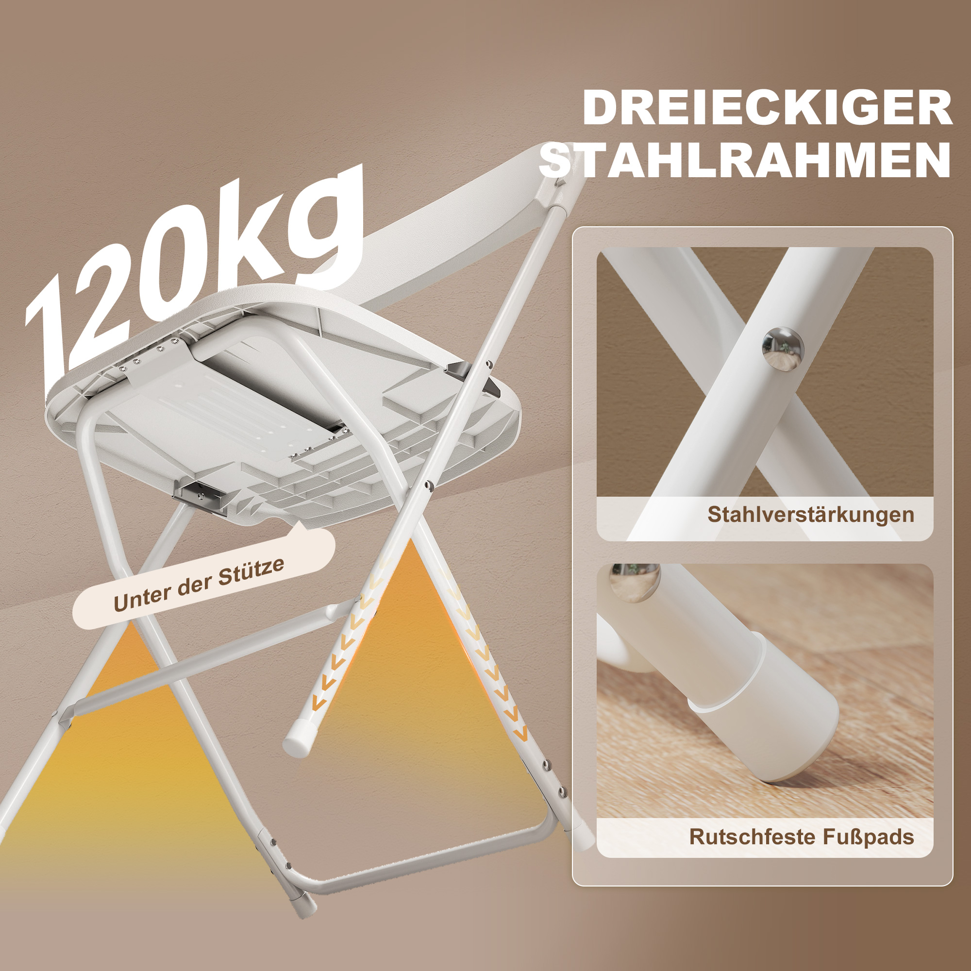 6er-Set Klappstühle, faltbare Stühle mit Ablauflöchern, Stahlrahmen, vielseitig einsetzbar, Weiß