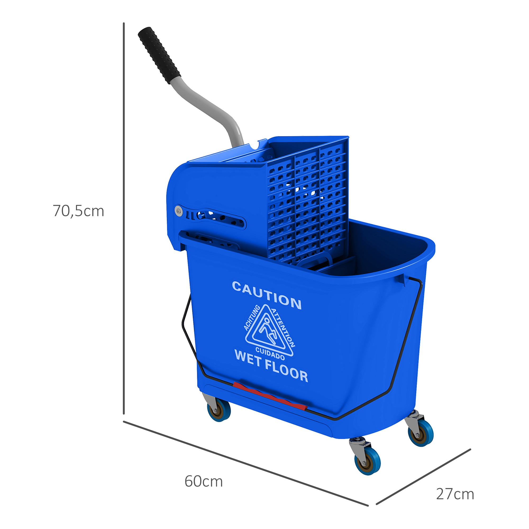 20l Mopp-Eimer mit Auswringer und Griff, Wischmopp-Eimer auf Rädern, Kunststoff, Blau