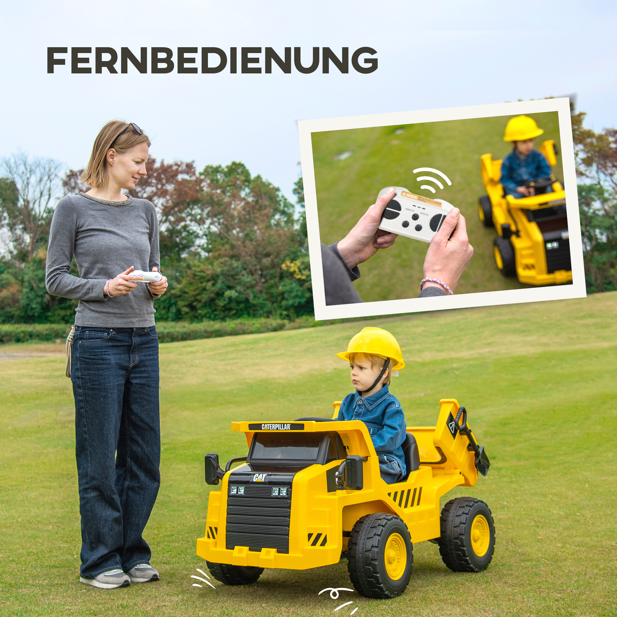Kinderfahrzeug, Caterpillar Kipplaster, 3-5 km/h, mit Fernsteuerung, 3-6 Jahre, Gelb