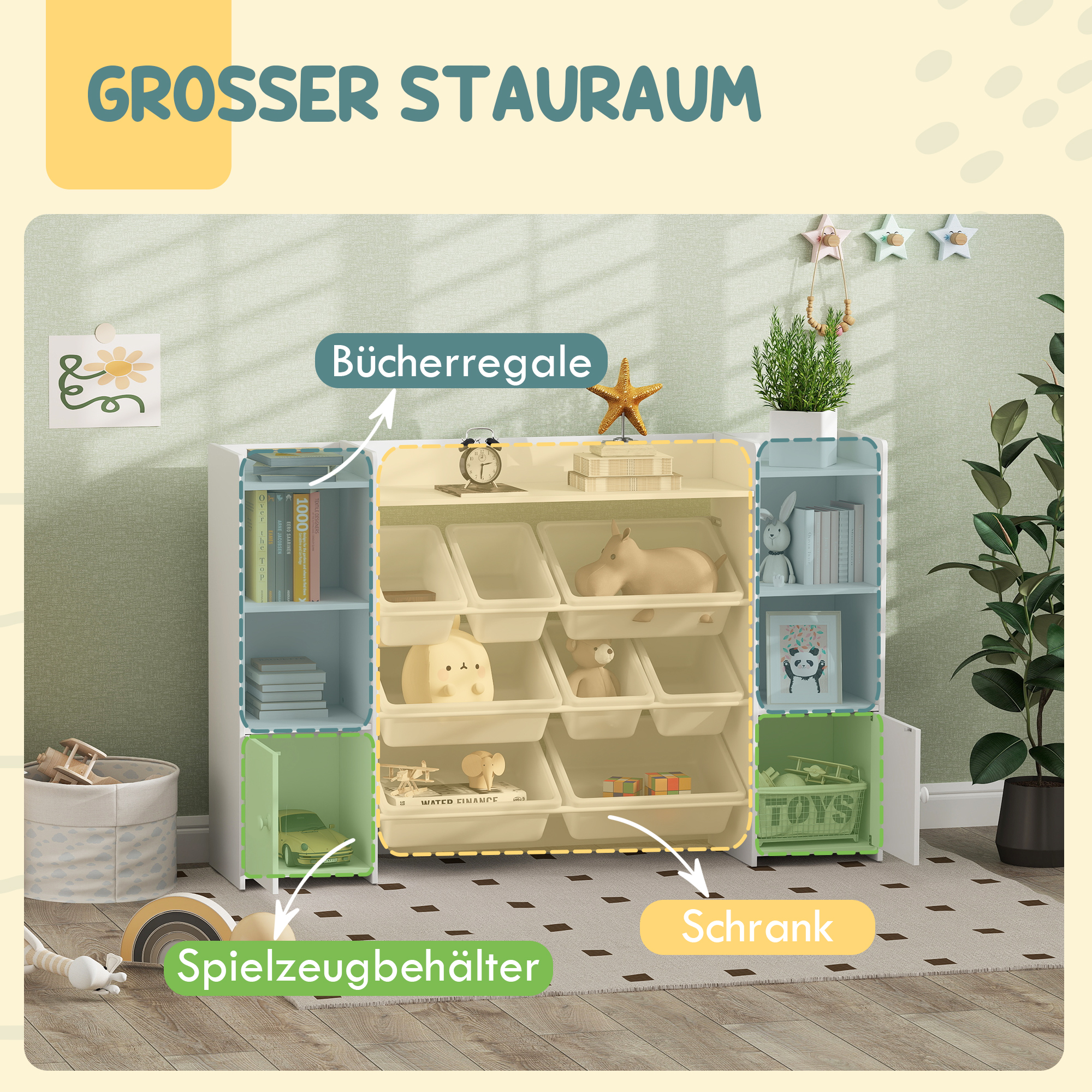 Kinder-Aufbewahrungsregal, Regal für Spielzeug und Bücher, zum übersichtlichen Aufräumen, 8 herausnehmbare Boxen, Weiß