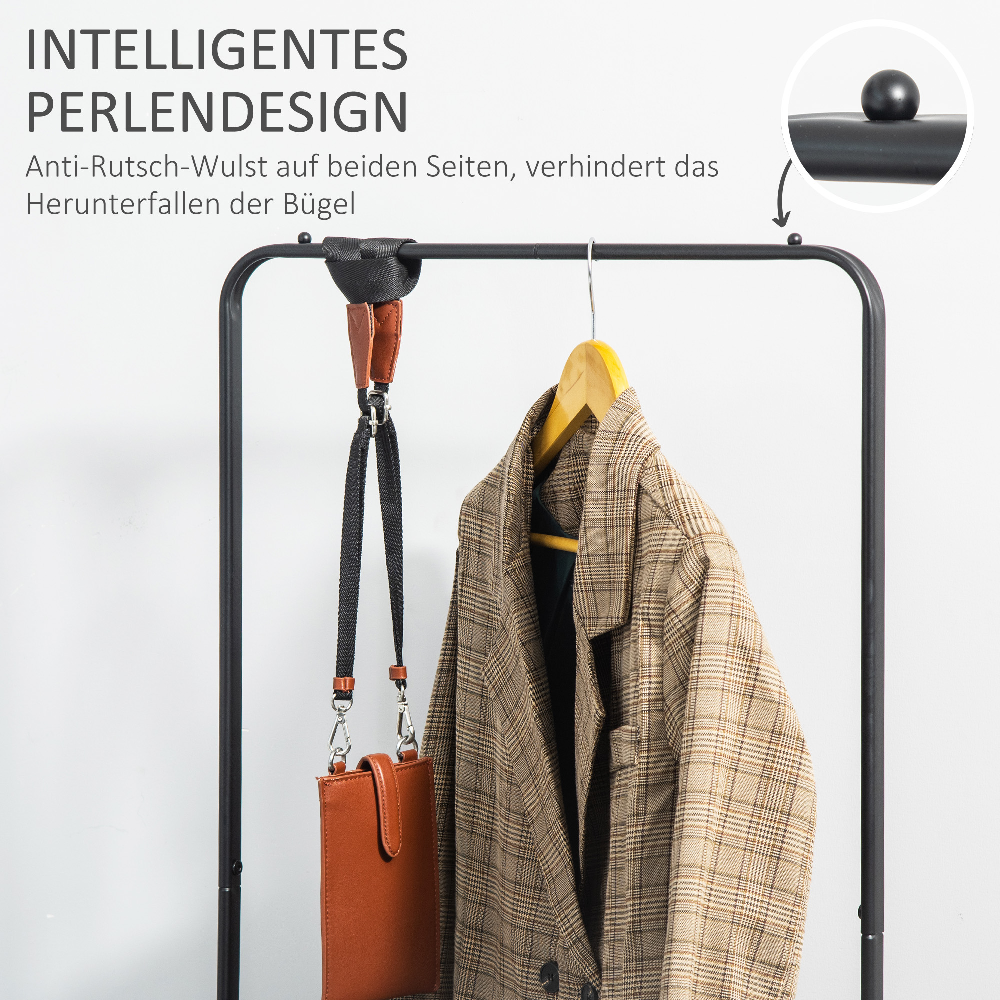 Kleiderständer aus Metall mit Schuhablage, fahrbar, freistehend, Schwarz