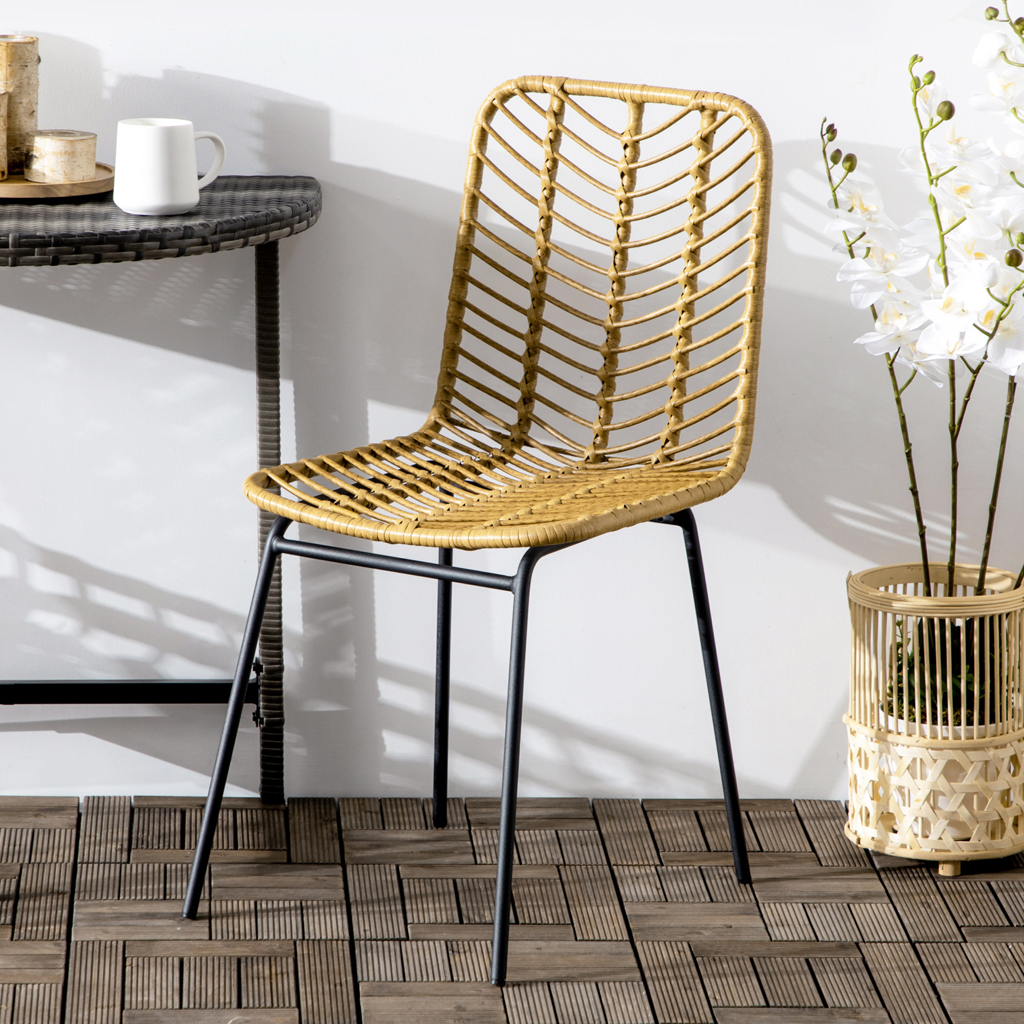 2er-Set Esszimmerstühle im Boho-Stil, Akzentstuhl, PE-Rattan, 44 cm x 58 cm x 85 cm, Natur + Gelb