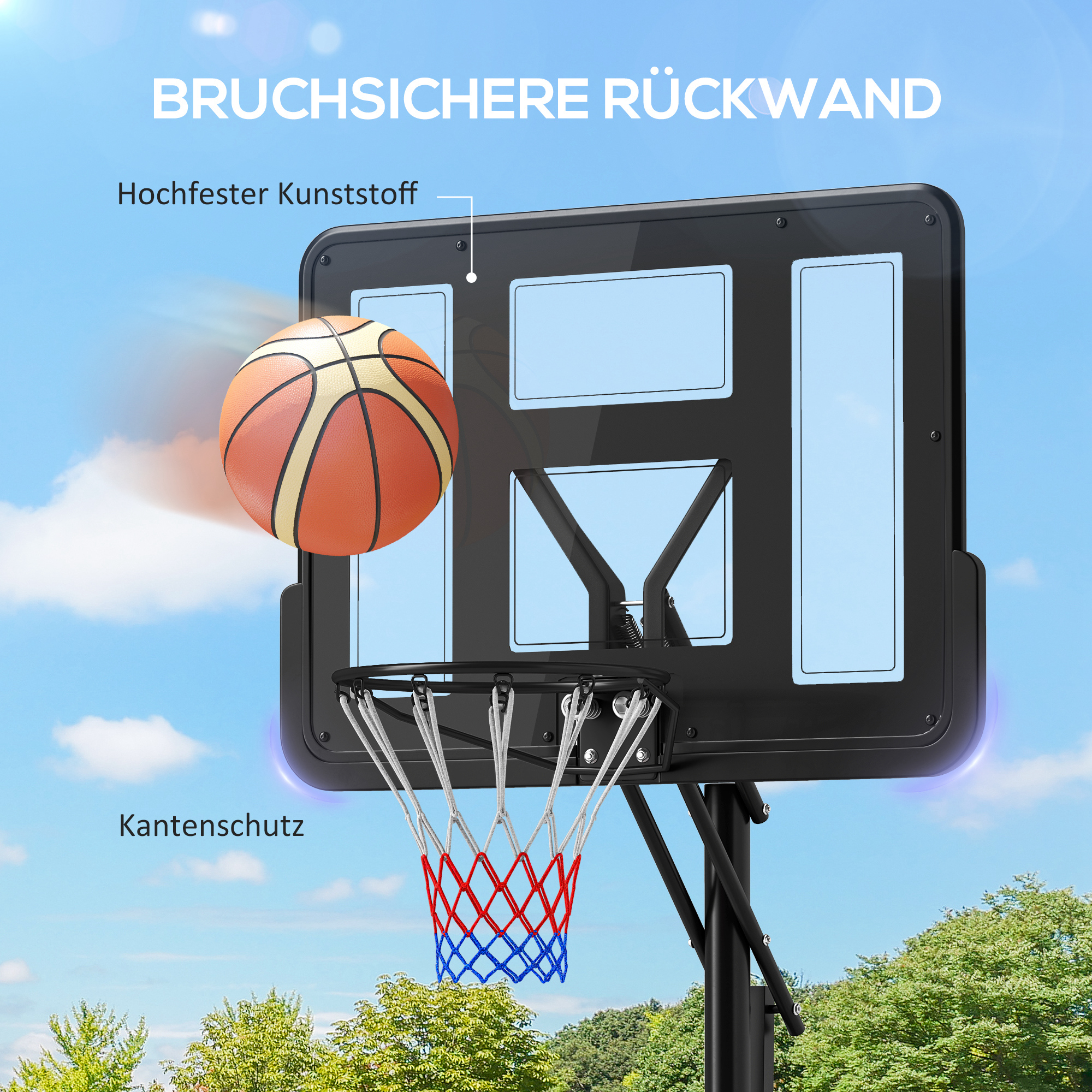 Basketballständer, höhenverstellbare Korbhöhe 235-305 cm, befüllbare Basis mit Rädern, Schwarz