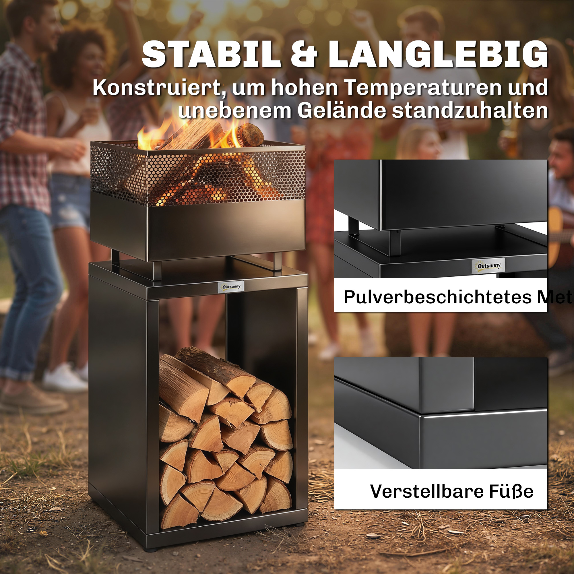 Feuerschale 39 x 39 x 87 cm Feuerstelle mit Holzlager Kohlegitter verstellbaren Füßen, Schwarz