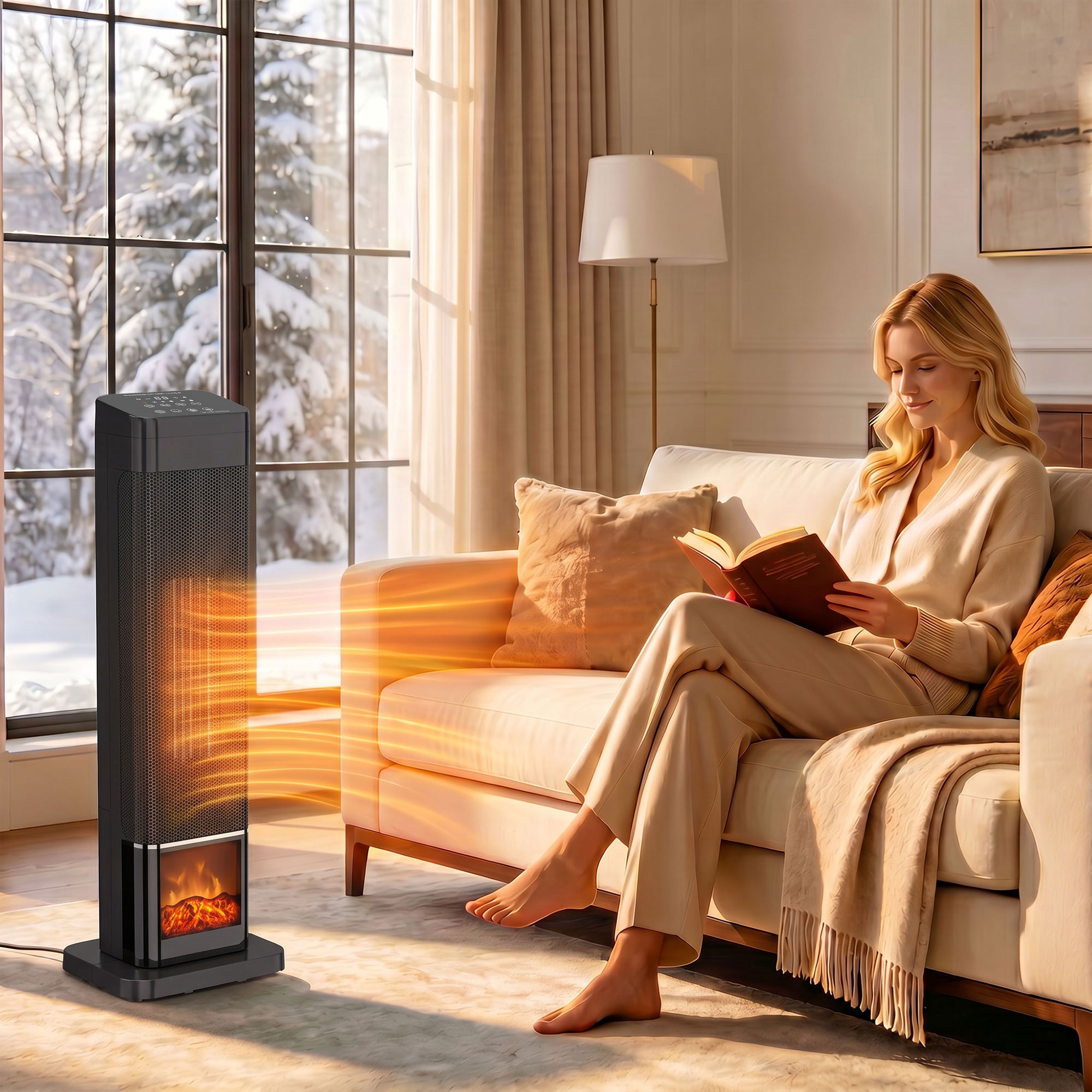 Heizlüfter 2000W Keramik Flammeneffekt Thermostat Elektroheizung Fernbedienung Schwarz