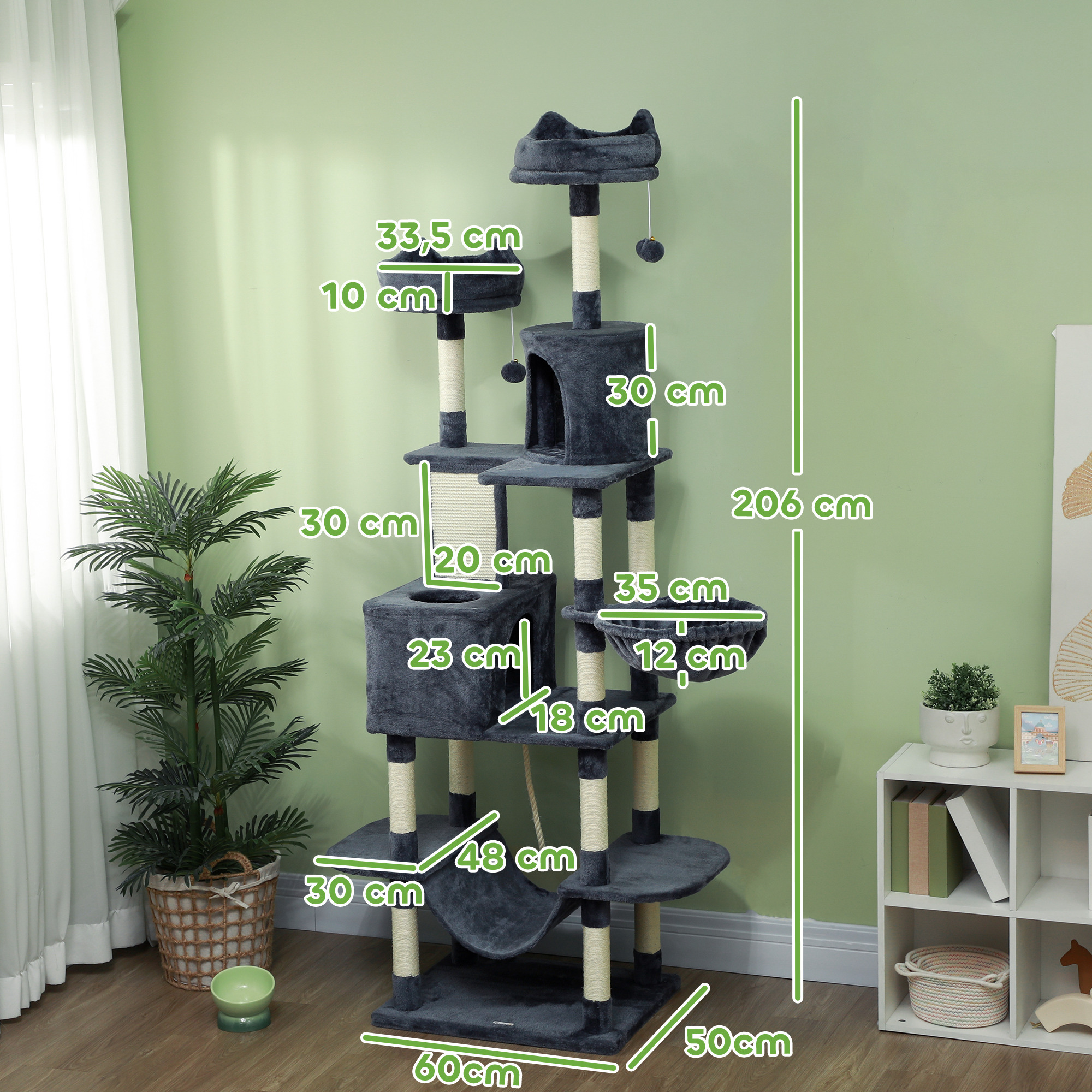 Kratzbaum 206 cm Katzenturm mit Höhle, 2 Spielballen, Sisalstämme, Plattform für große Katzen, Dunkelgrau