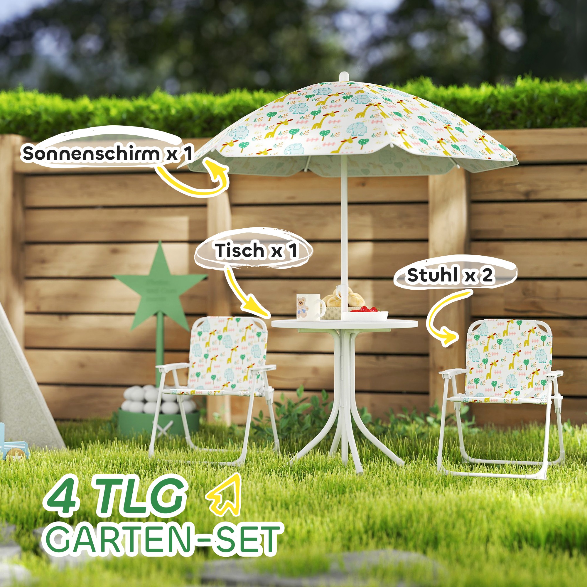 Kinder-Sitzecke, Klappstuhl-Sitz-Set mit Sonnenschirm, Buntes Muster, Weiß