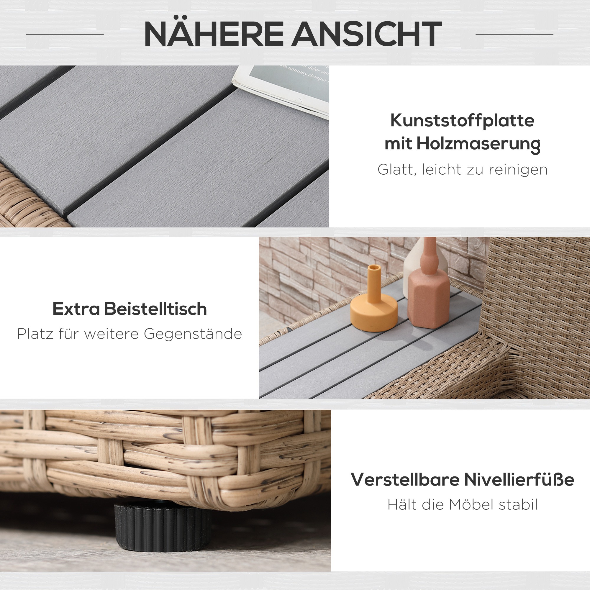 4-tlg. Luxus Polyrattan Gartengarnitur Gartenmöbel Garten-Set Sitzgruppe Loungeset Loungemöbel inkl. Ablagen und Beistelltisch Sitzkissen Braun