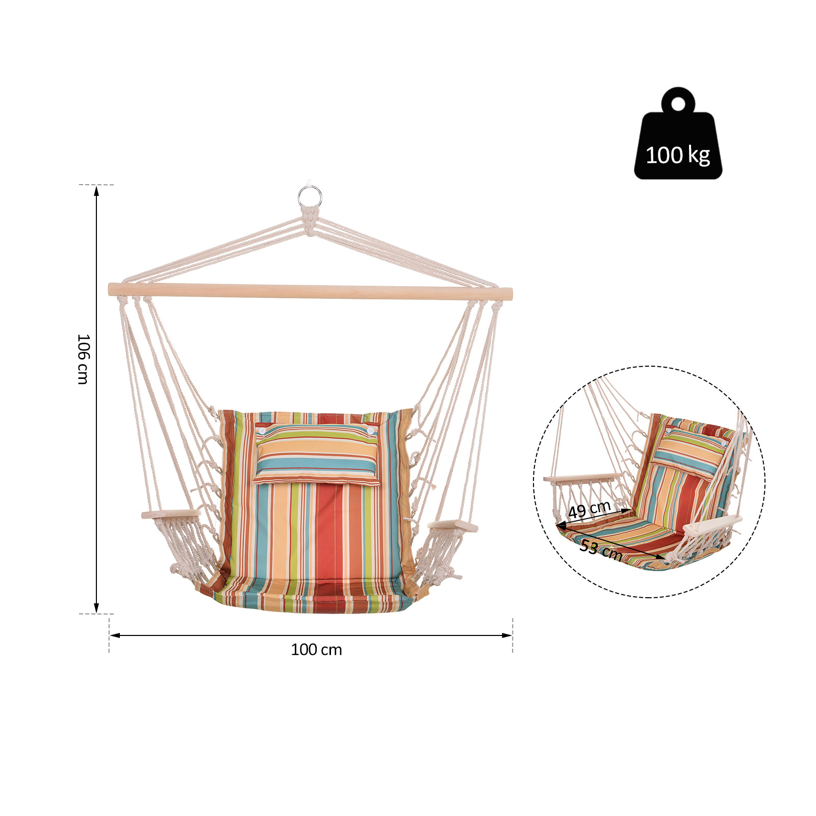 Hängesessel Hängeschaukel mit Querstrebe und Kissen Deckenhaken Gestell Hängestuhl bis 100kg belastbar Hängesitz für Indoor Outdoor Garten Terrasse Mehrfarbig