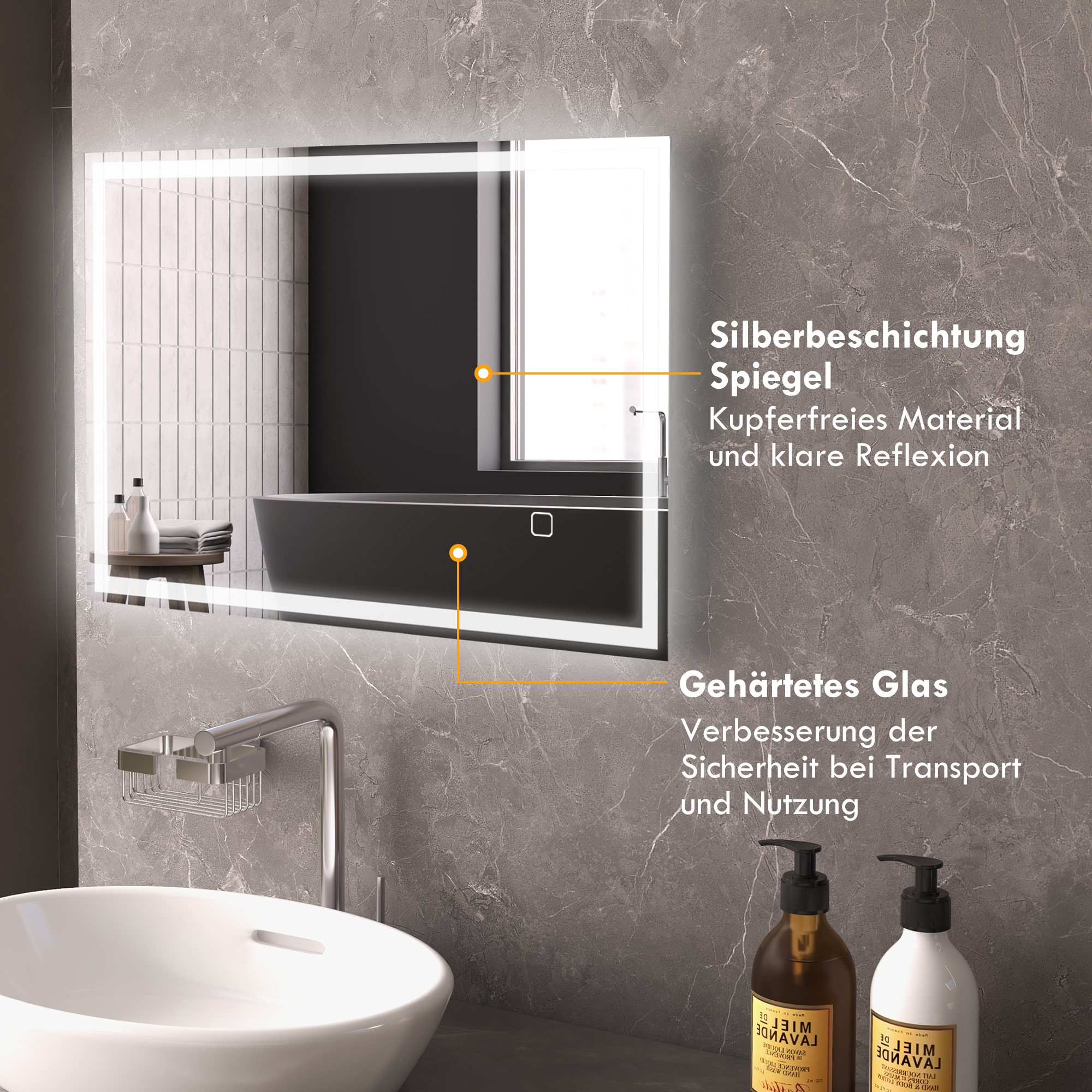 Badspiegel Badezimmerspiegel Wandspiegel LED´s. Berührungsschalter, Weiß