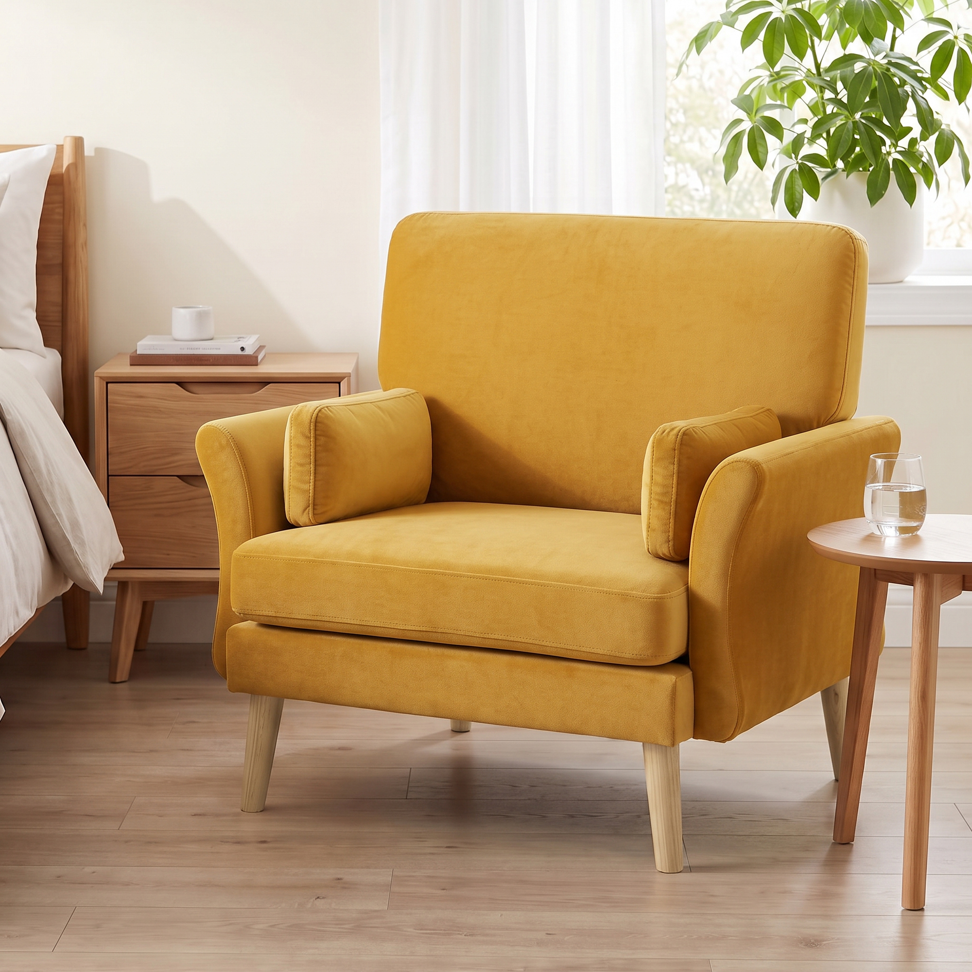 Samtgepolsterter Sessel, Übergroßer Akzentstuhl mit Holzbeinen, Lesesessel für Wohn- und Schlafzimmer, Gelb