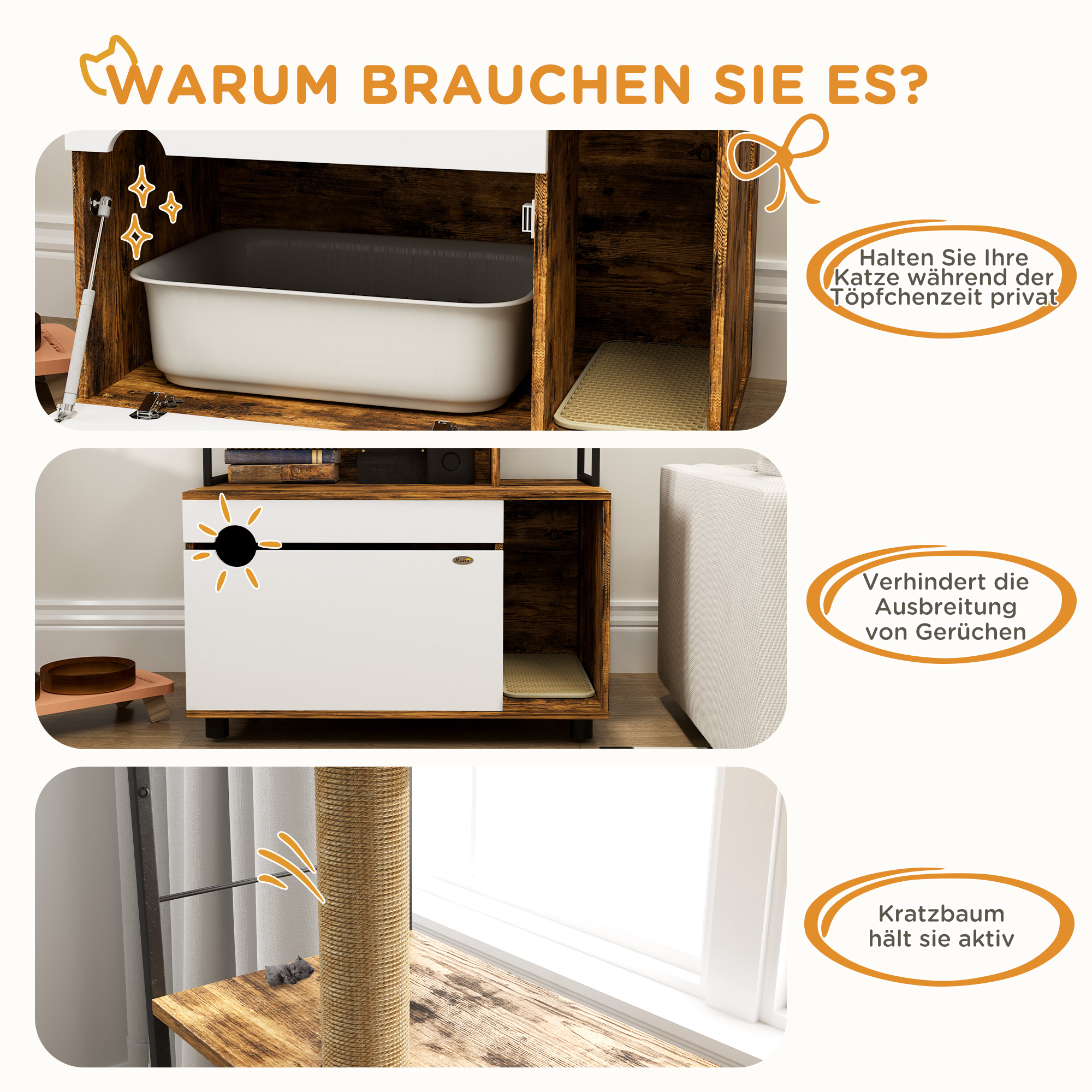 Katzentoilette mit 3-Ebenen-Regal und Kratzpfosten, geschlossenes Katzenklo, 80 x 48 x 152 cm, Braun