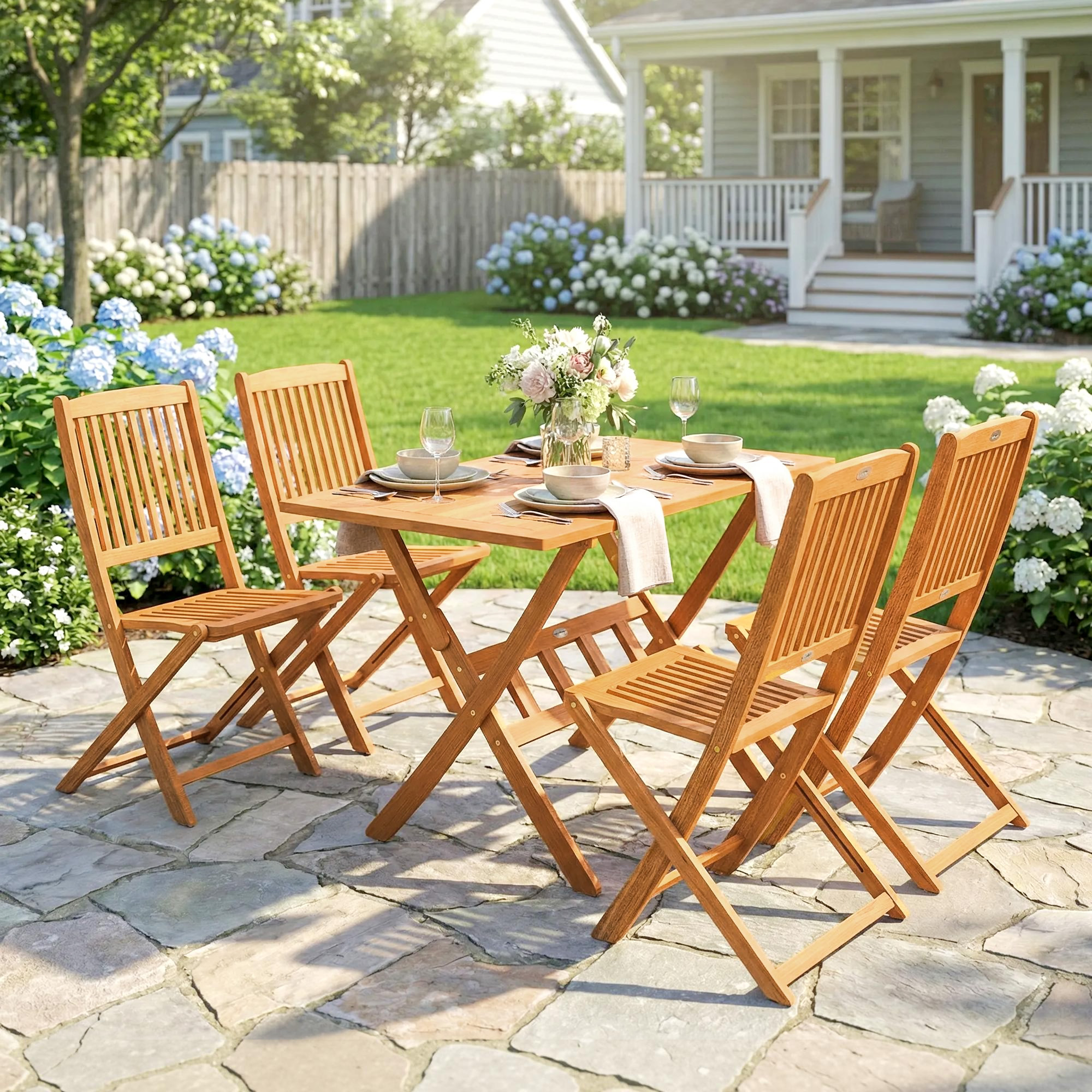 Gartenmöbel Set FSC Holz Sitzgruppe 5-teilig Klappbar Tisch mit 4 Klappstühlen Lamellendesign