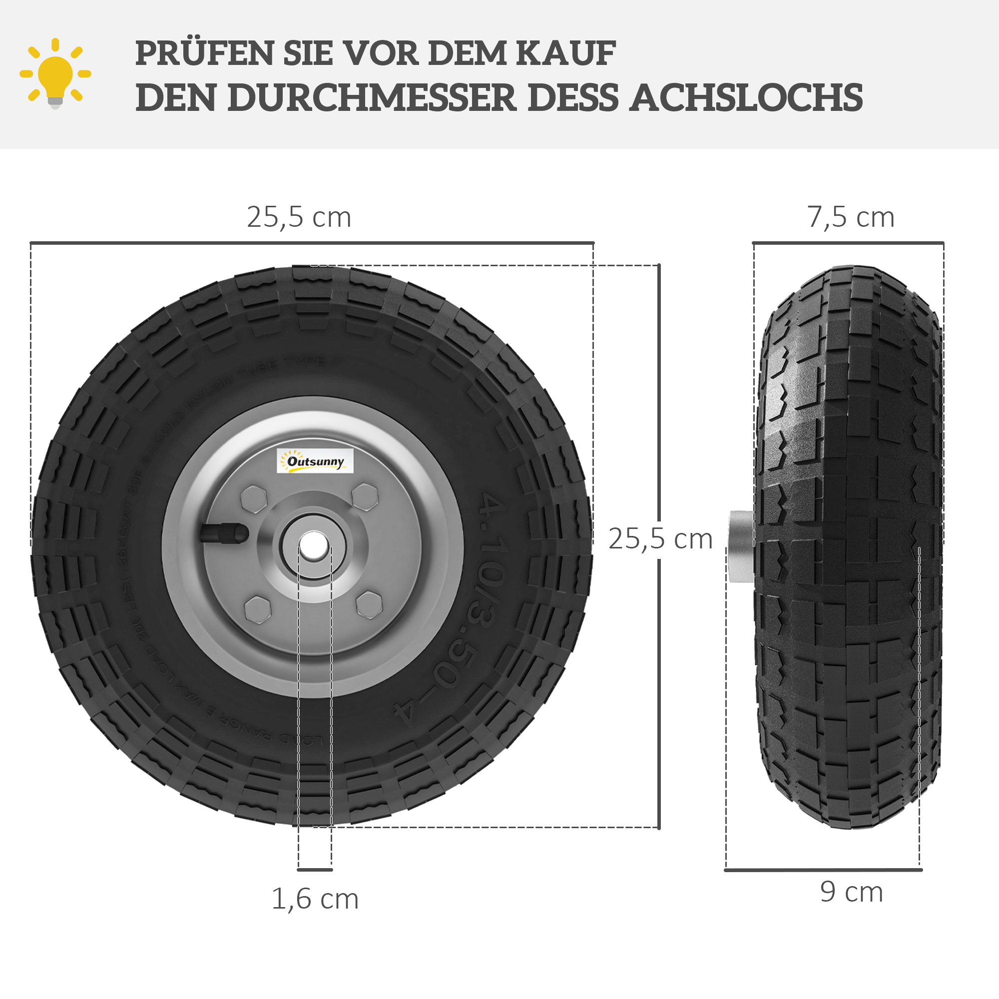 Schubkarrenrad 4er Set Ersatzrad 80 kg Ø 255 mm Vollgummi Luftreifen mit Schlauch Kugellager Schwarz