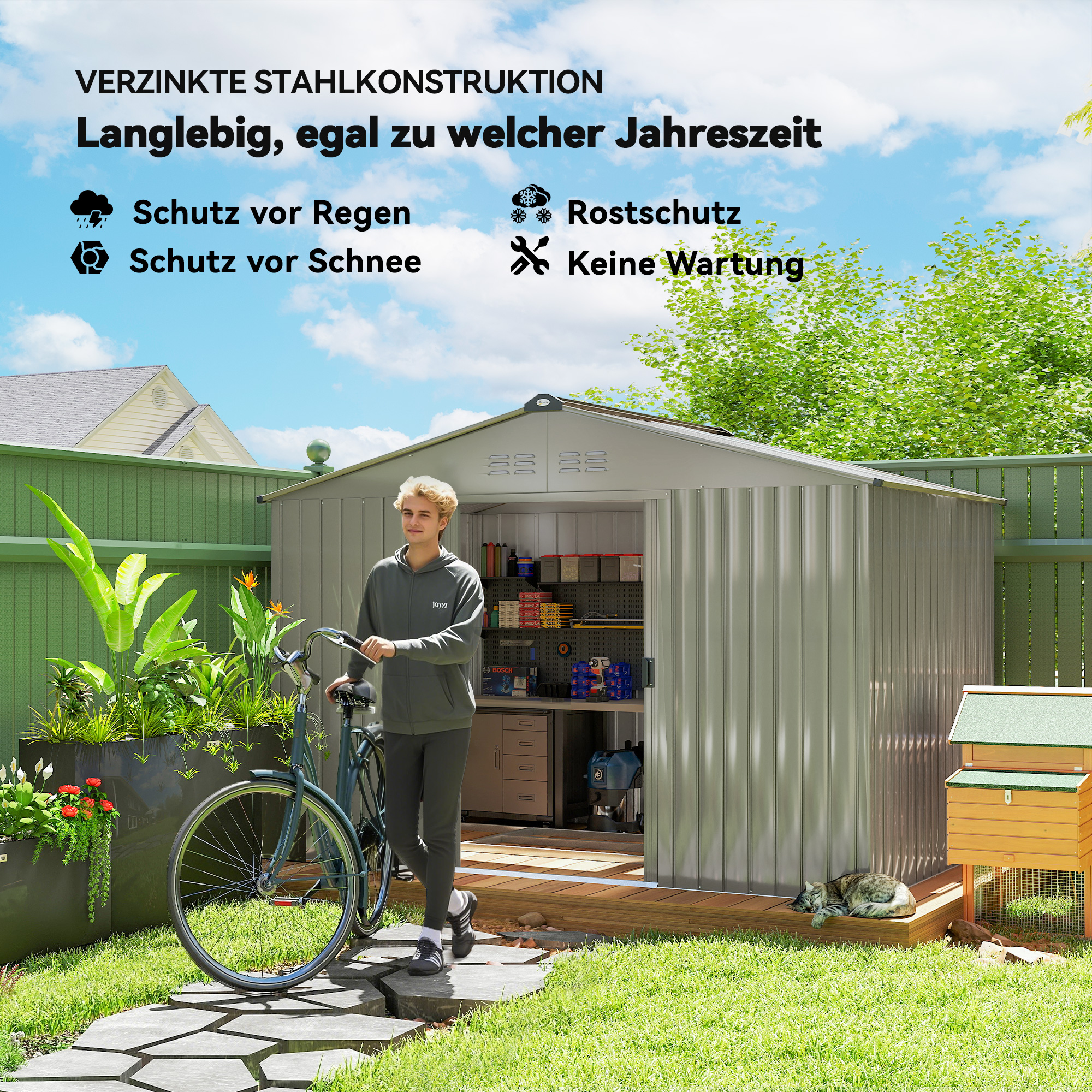 Geräteschuppen aus Metall mit Schiebetüren und Belüftungsfenstern, 277 x 195 x 192 cm, Grau