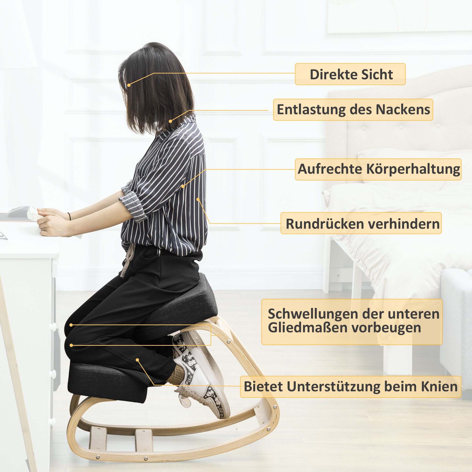 Kniestuhl, ergonomischer Sitzhocker, Polsterhocker für gesunde Sitzhaltung, Birkenholz, 120 kg belastbar, Schwarz