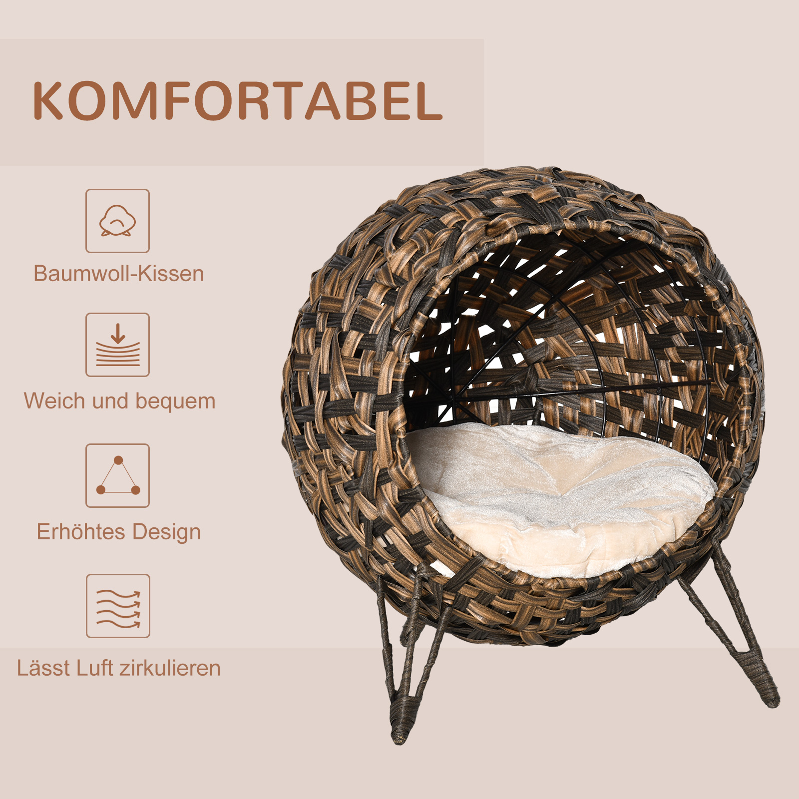 Katzenhaus aus Rattan mit Kissen Katzenschlafplatz Katzenhöhle mit erhöhten Füßen Braun Ø52 x 58 cm