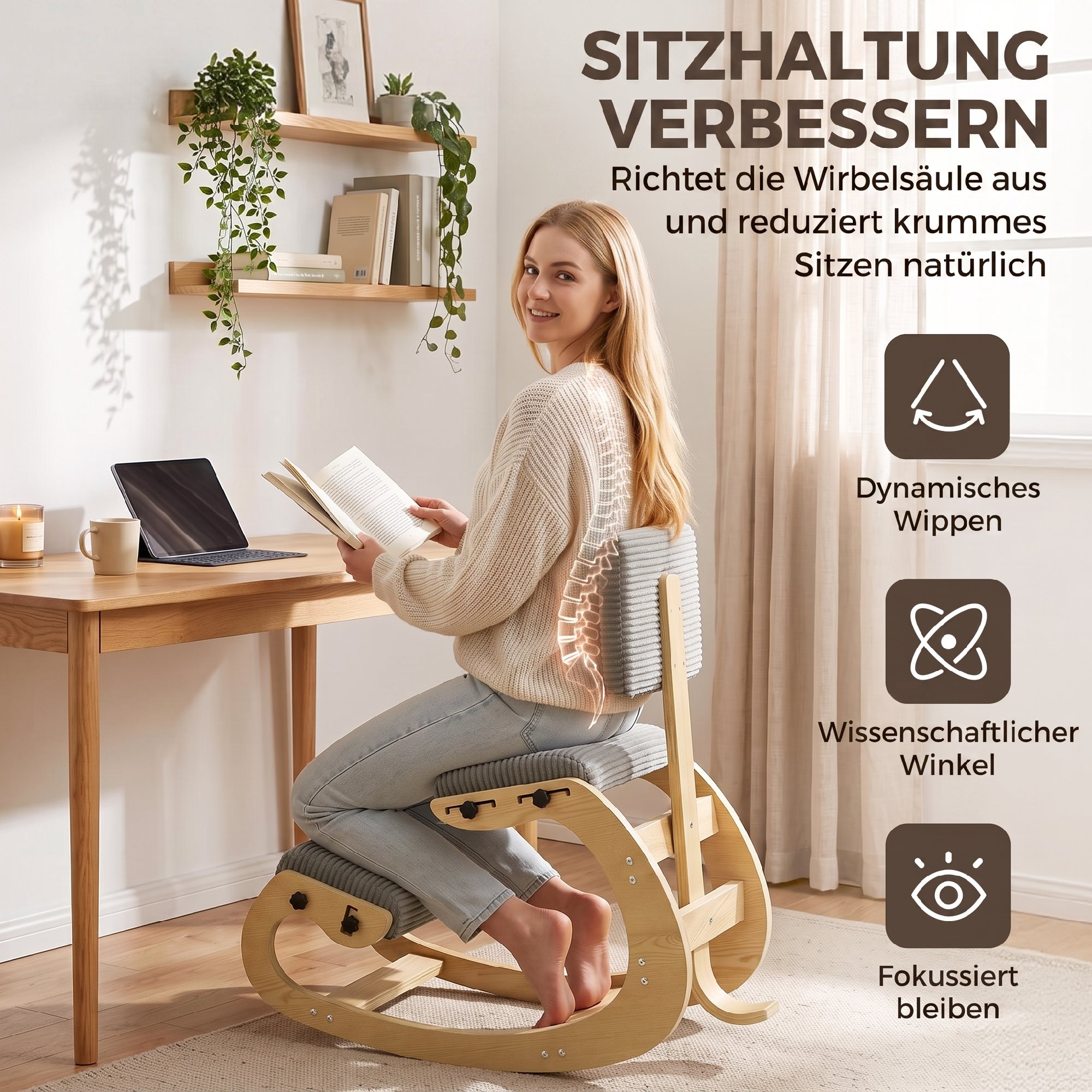 Ergonomischer Kniestuhl, Kniehocker mit Rückenlehne, Cord-Optik, Bürostuhl für Zuhause, Büro, Meditation, Dunkelgrau