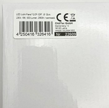 LED Licht-Panel "QCP-12R", Ø 12cm, 230V, 6W, 503 Lumen, 2900K / warmweiß