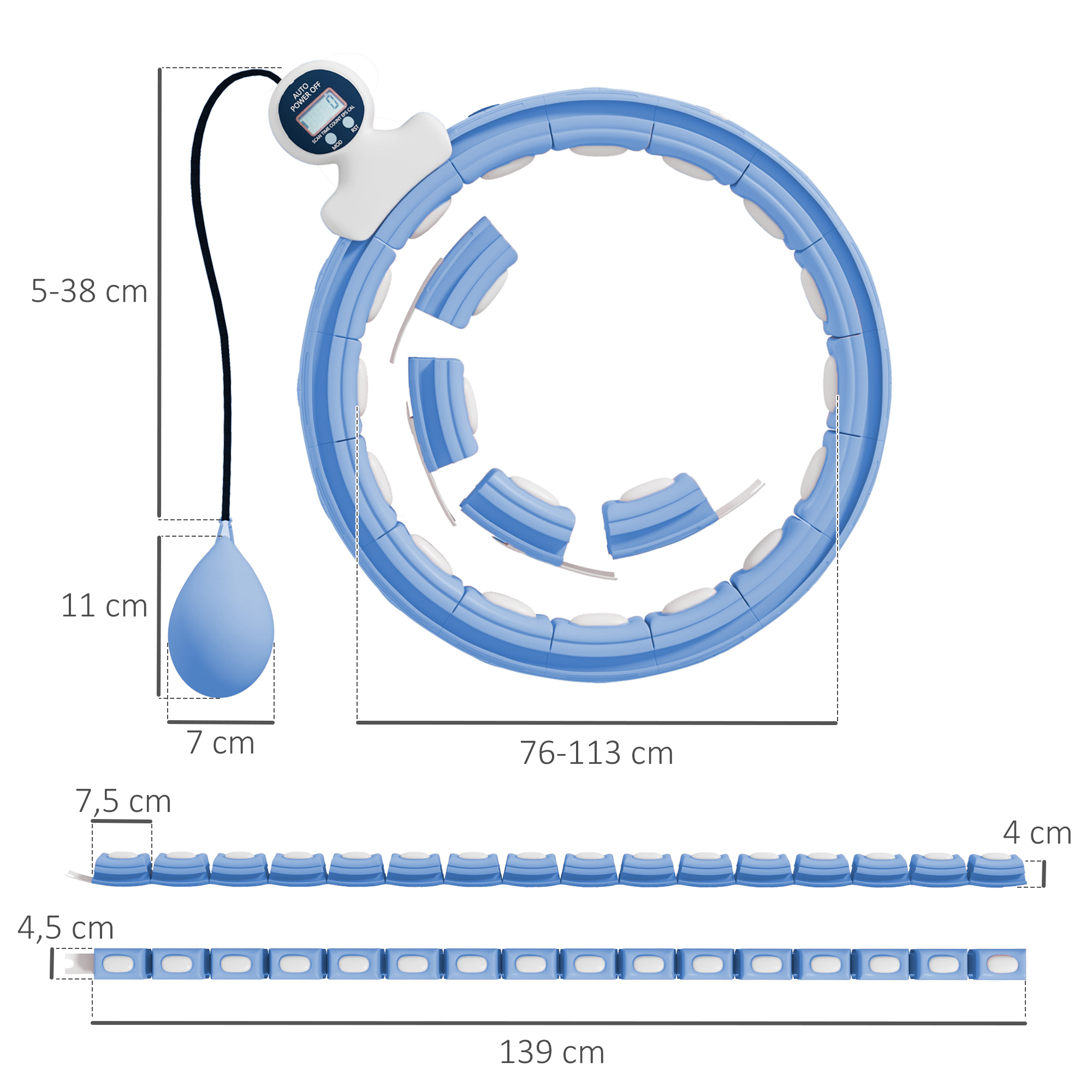 Smart Hula Hoop Reifen Erwachsene mit Gewicht Kugel Zähler 16 Knoten (76-113cm) Hellblau