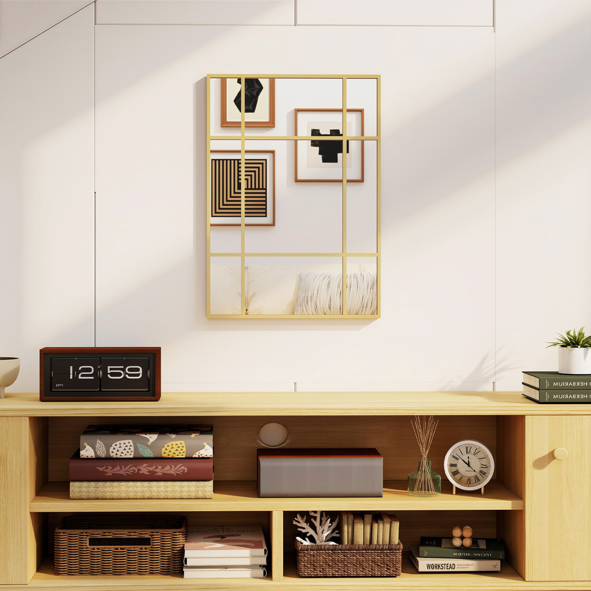 Wandspiegel, dekorativer Spiegel mit Metallrahmen, goldene Streifen, Mehrschichtglas, 50B x 2T x 70H cm