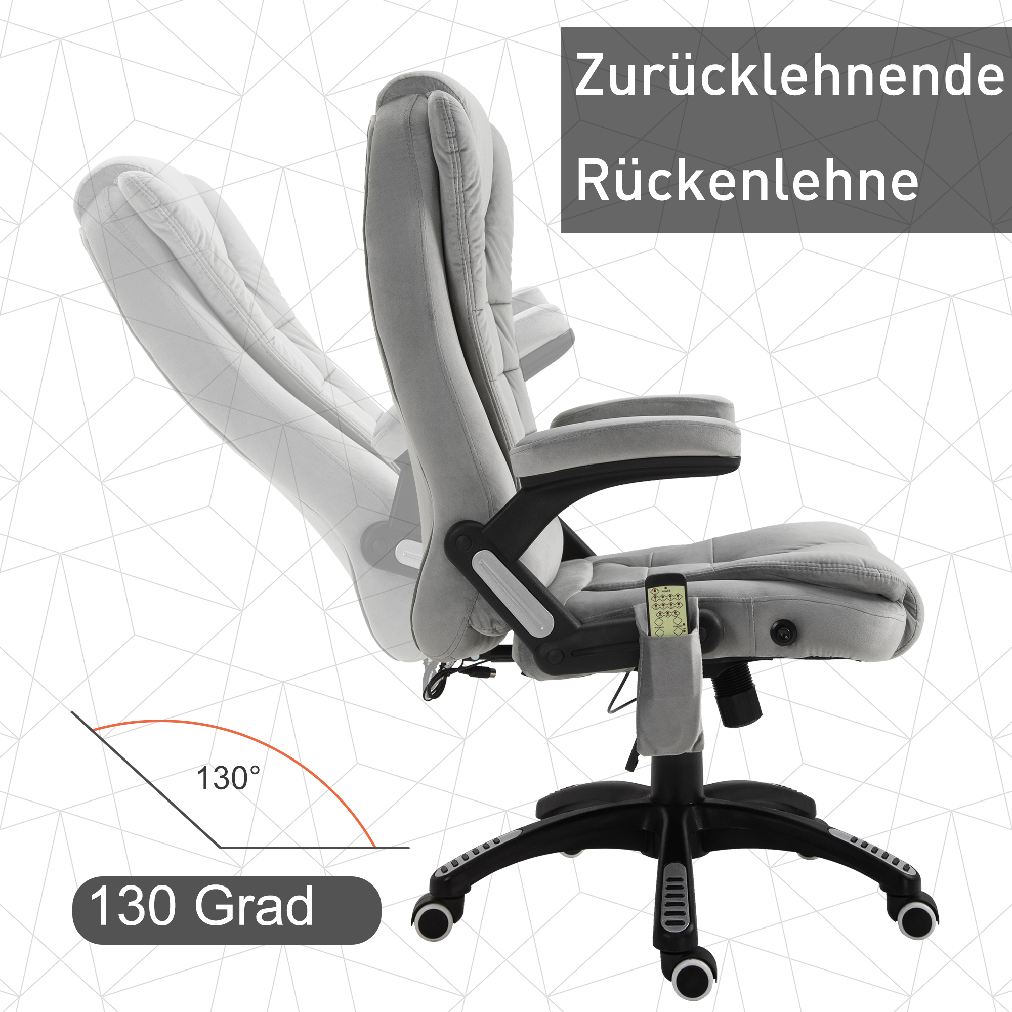 Bürostuhl mit Massagefunktion Ergonomischer Chefsessel mit Heizfunktion, Liegefunktion, Wippfunktion Höhenverstellbar 360° Drehbar Computerstuhl mit Seitentasche, Samtoptik, Grau