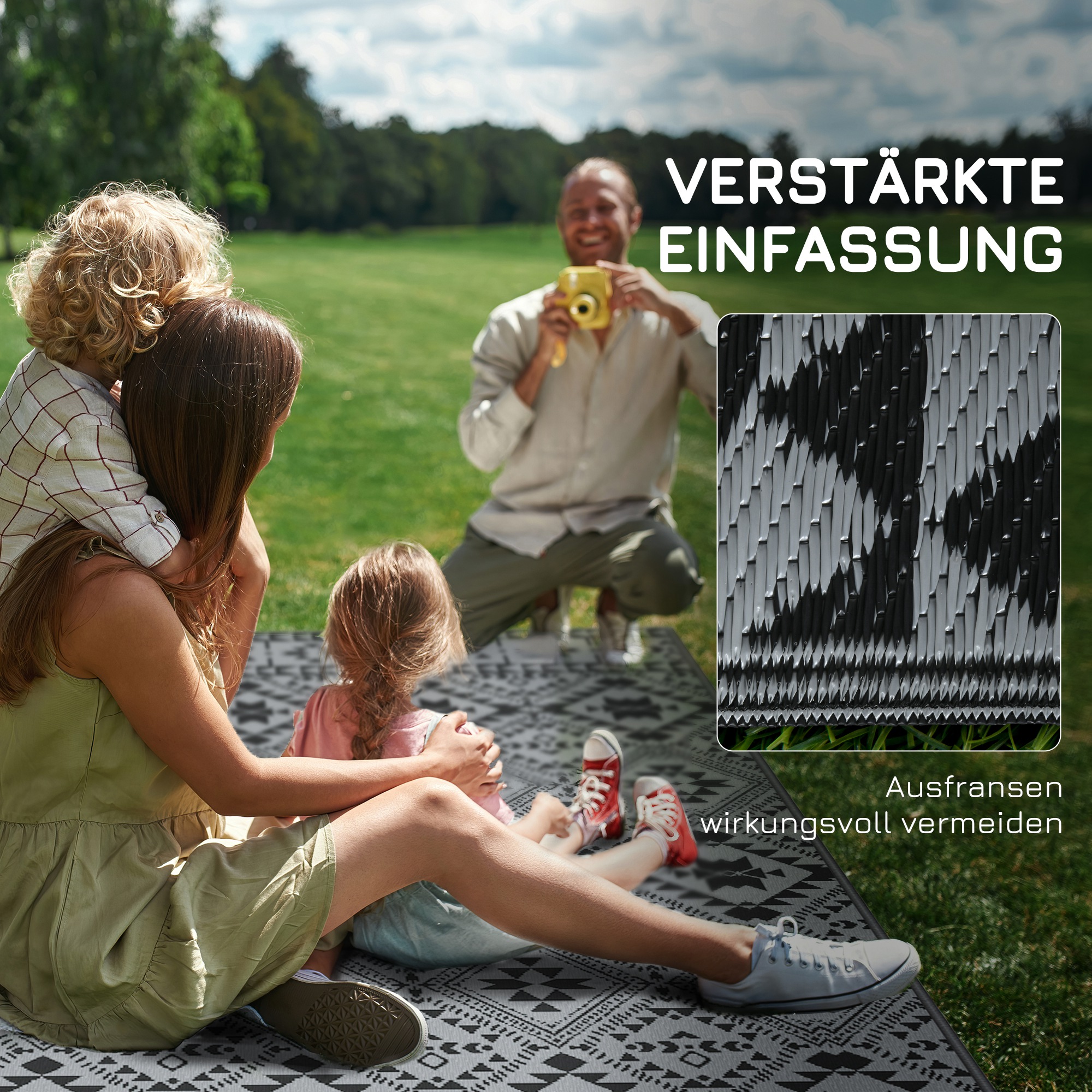 Outdoor Wendeteppich, wasserfest, geometrisch, 182x274cm, Schwarz/Grau