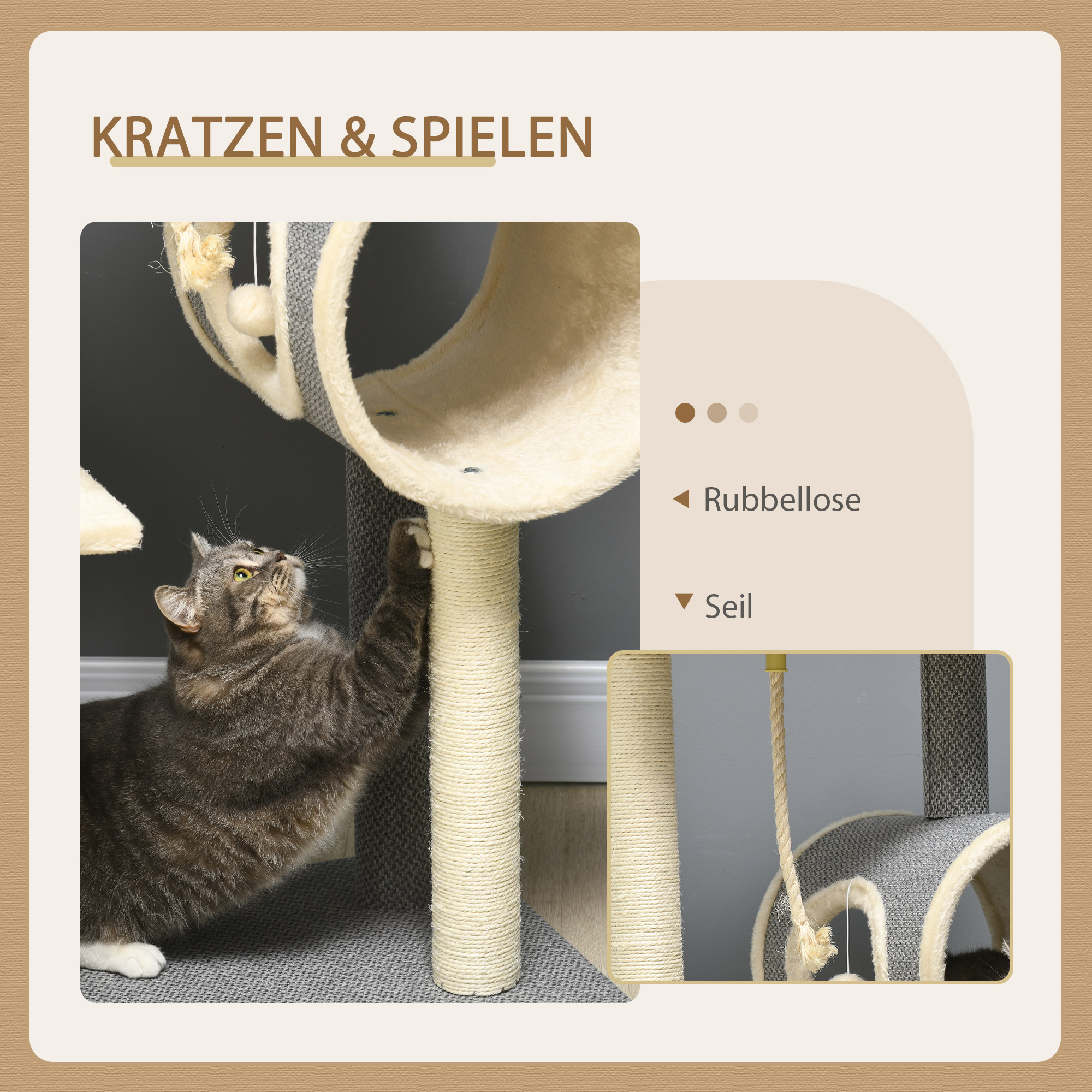 Kratzbaum Katzenbaum, 1 Katzenhöhle, 2 Liegeflächen, 60 cm x 40 cm x 104 cm, Grau + Natur