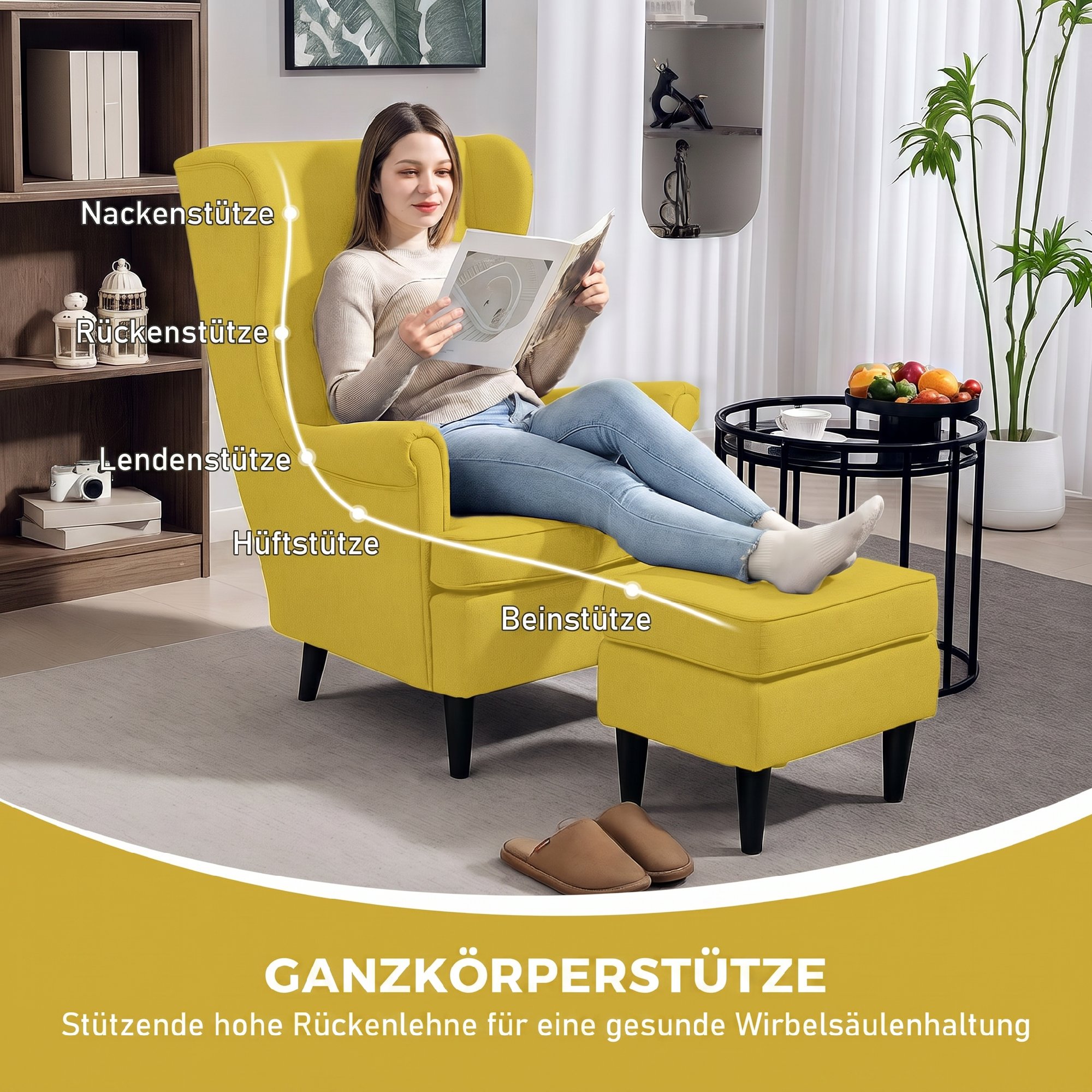 Ohrensessel mit Fußhocker, Polstersessel mit Kautschukholzbeinen, Stoffbezug, Gelb