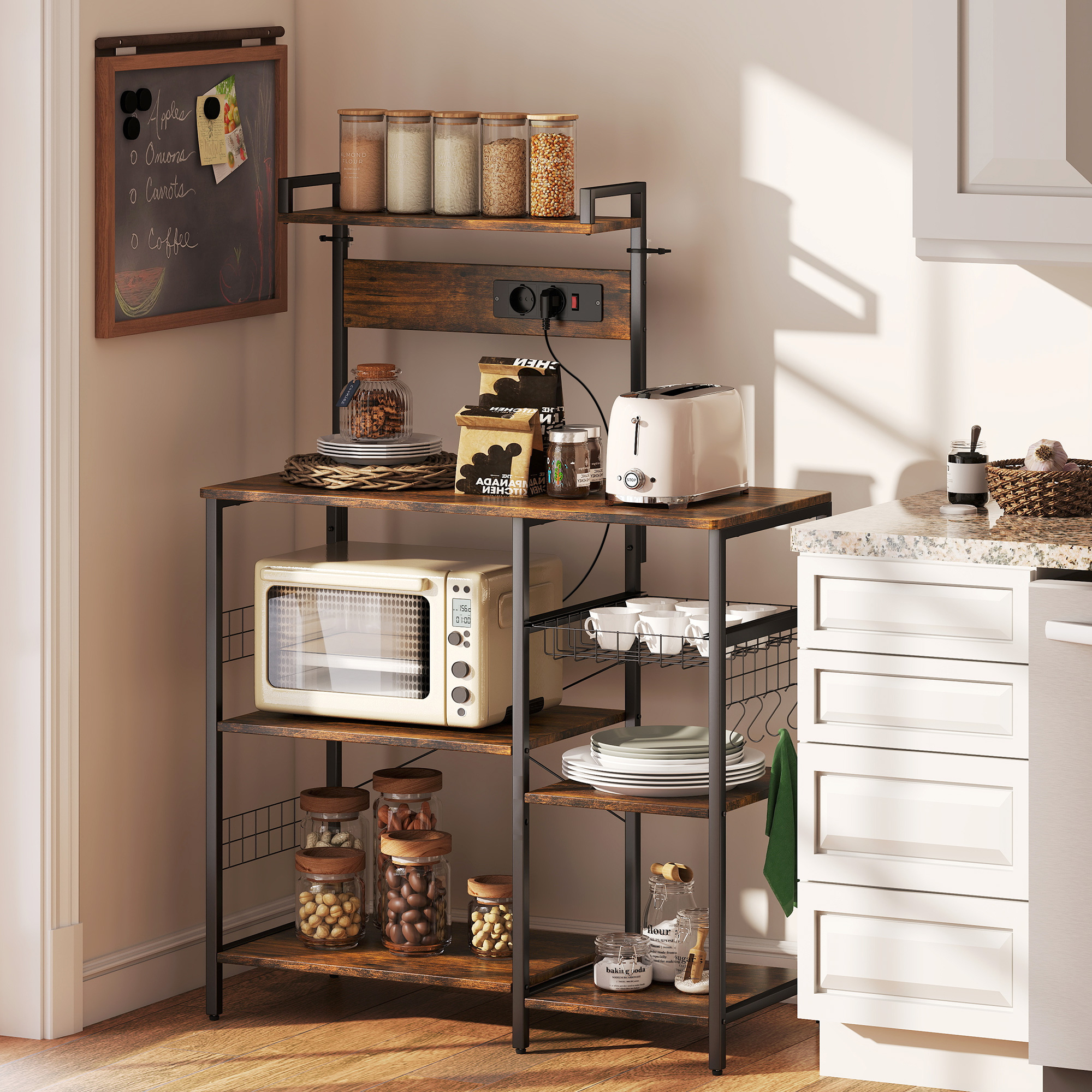 Küchenregal, Standregal mit 2 Steckdosen, 5 S-Haken, 5 Ablagen, Korb, X-Streben Stahl 90 x 42 x 130 cm